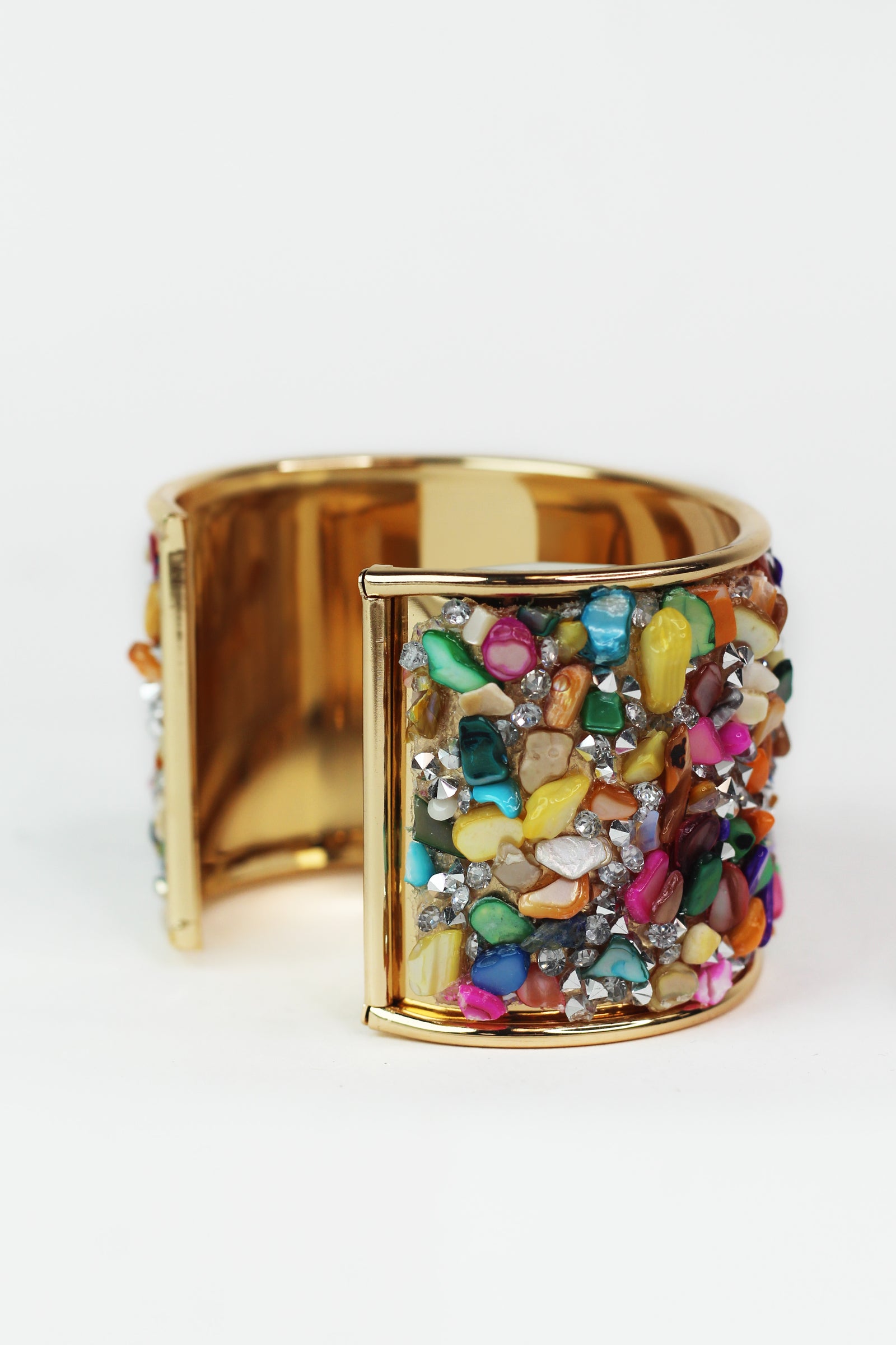 Rhinestone & Multicolor Chips Wide Cuff Bracelet