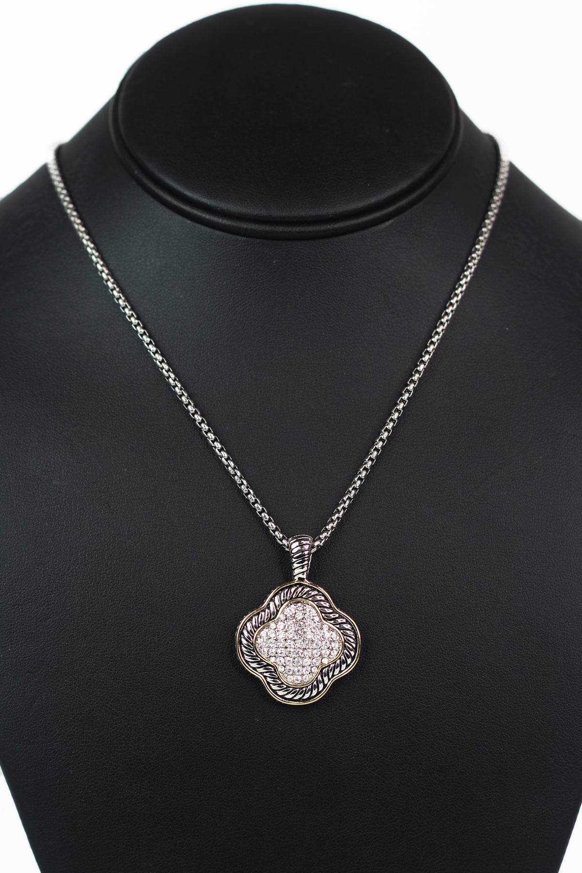 Two Toned Pave Rhinestone Clover Pendant Necklace