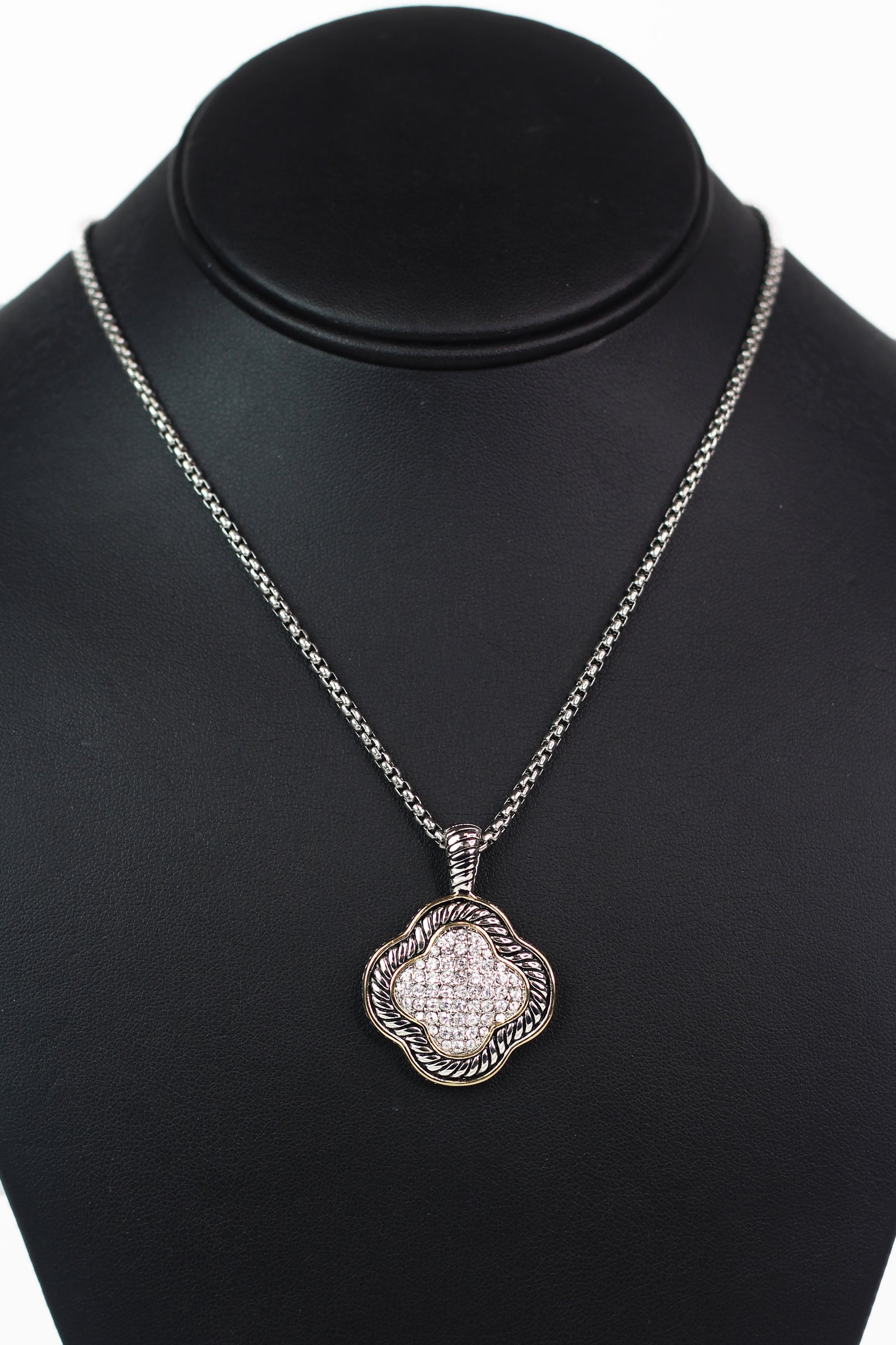 Two Toned Pave Rhinestone Clover Pendant Necklace