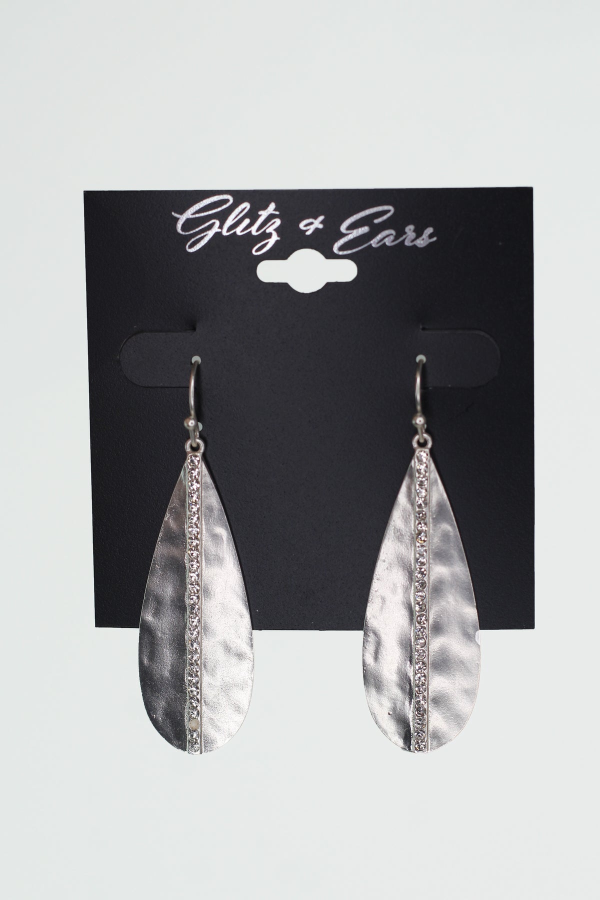 Hammered Metal Teardrop &amp; Pave Line Dangling Earrings