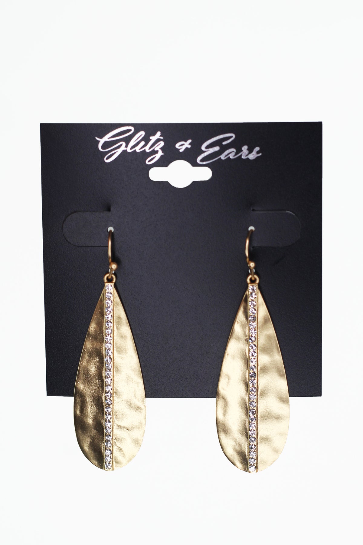 Hammered Metal Teardrop & Pave Line Dangling Earrings