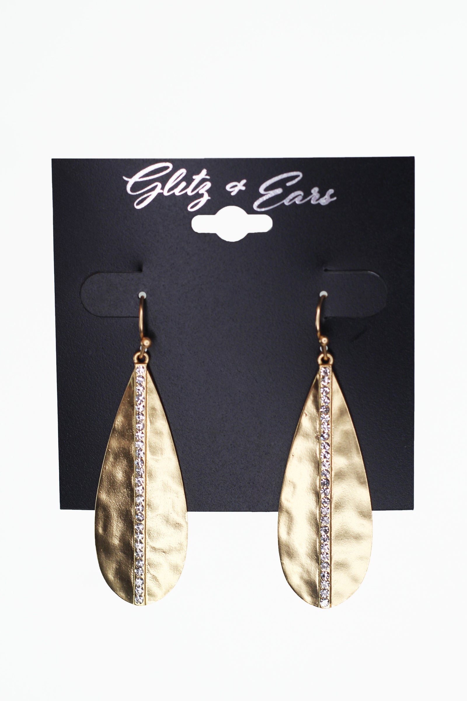 Hammered Metal Teardrop & Pave Line Dangling Earrings