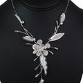 Metal Mesh Flower & Leaves Necklace w/ Rhinestone Accents