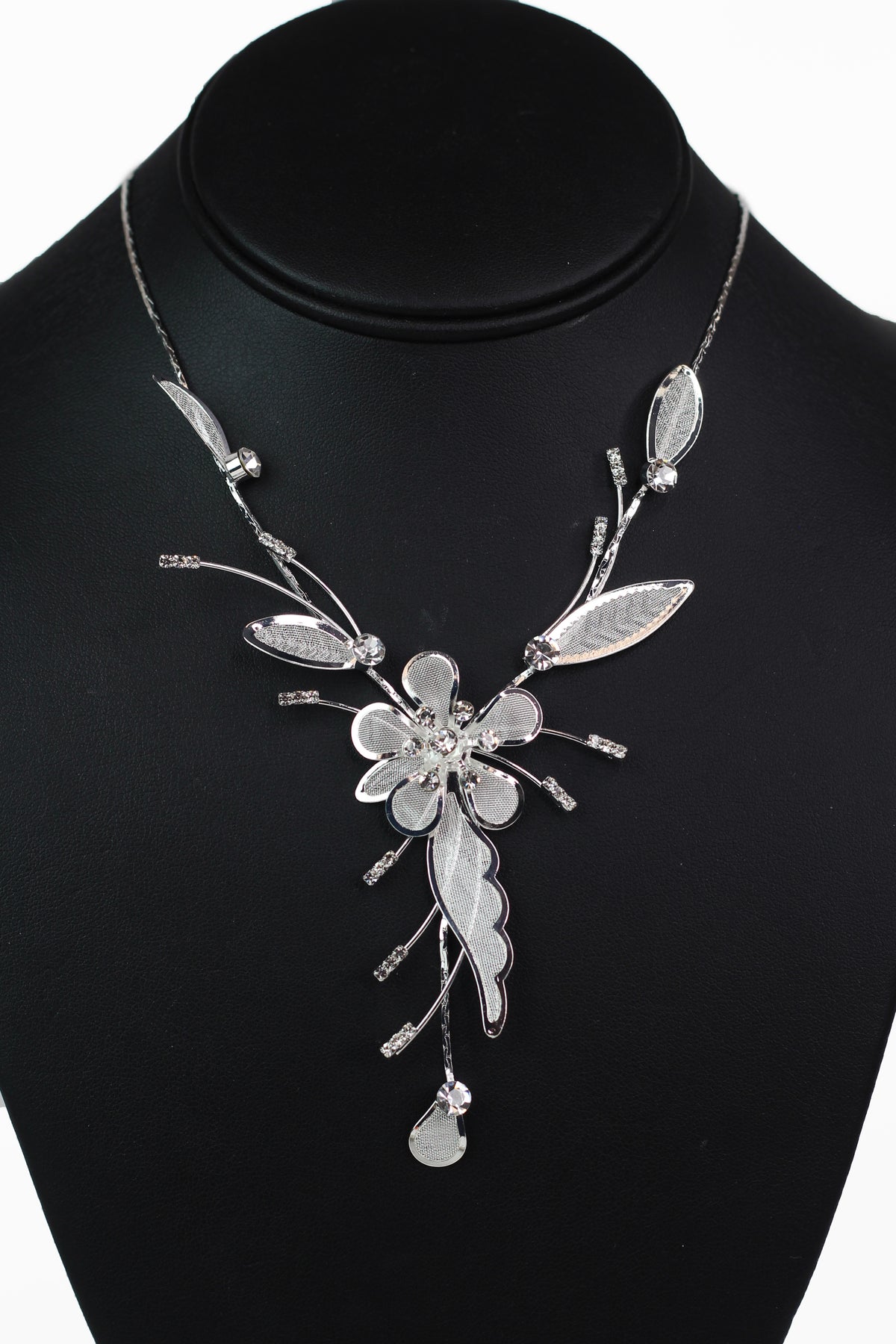 Metal Mesh Flower &amp; Leaves Necklace w/ Rhinestone Accents