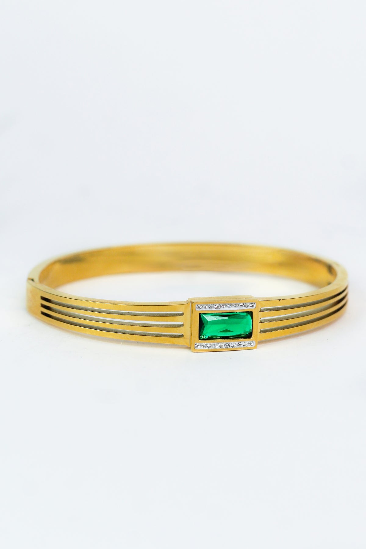 Metal Laser Cut Bangle Bracelet w/ Emerald Cut Rhinestone Center