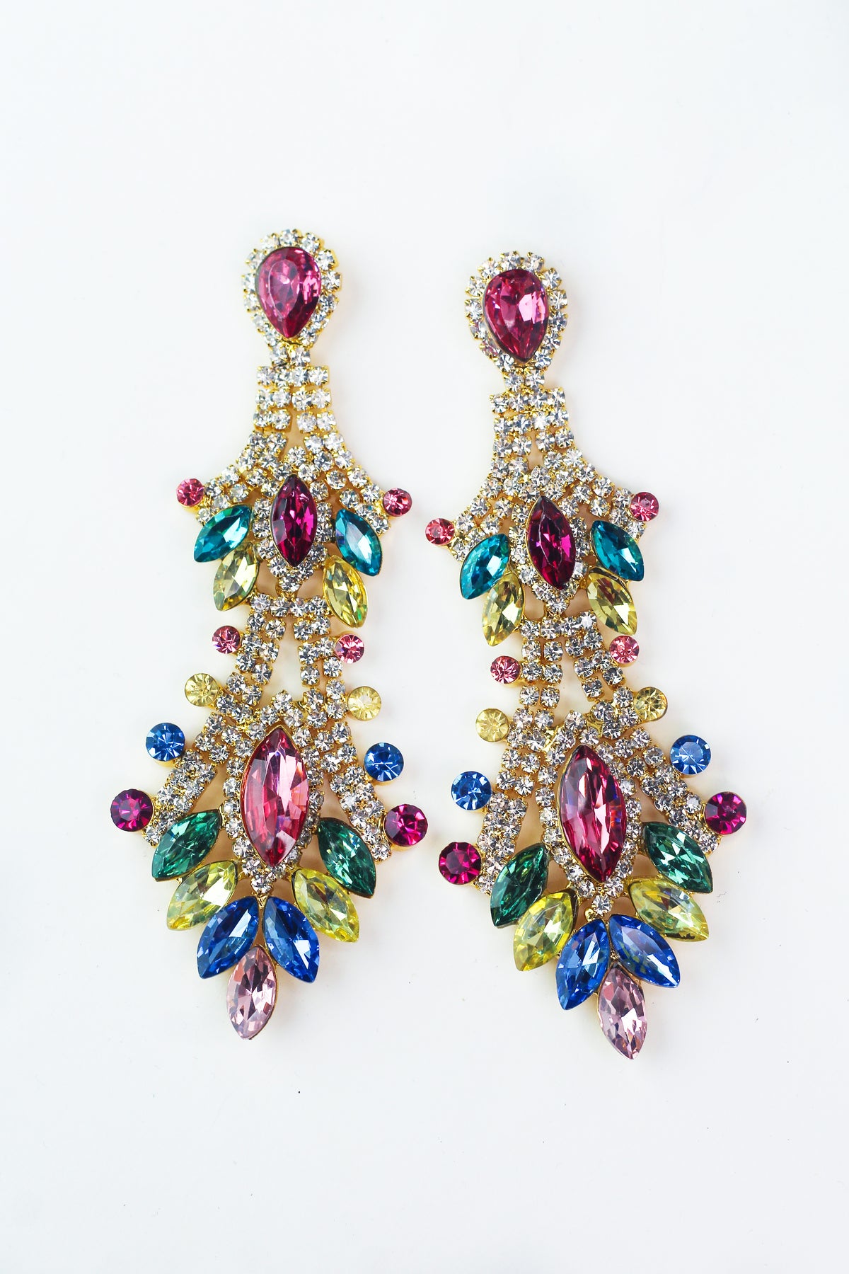 Long Multicolor Rhinestone &amp; Pave Chandelier Earrings