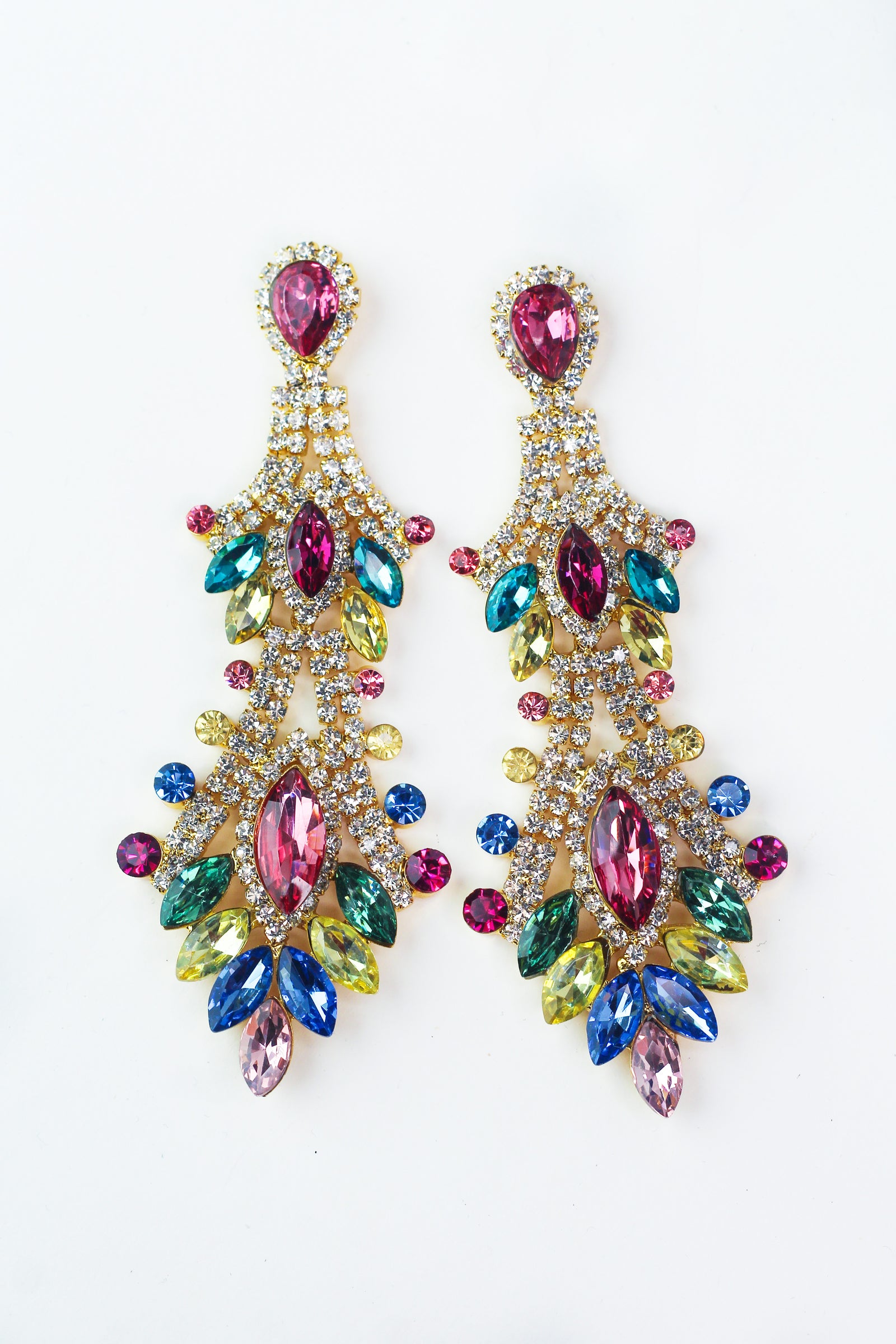 Long Multicolor Rhinestone & Pave Chandelier Earrings