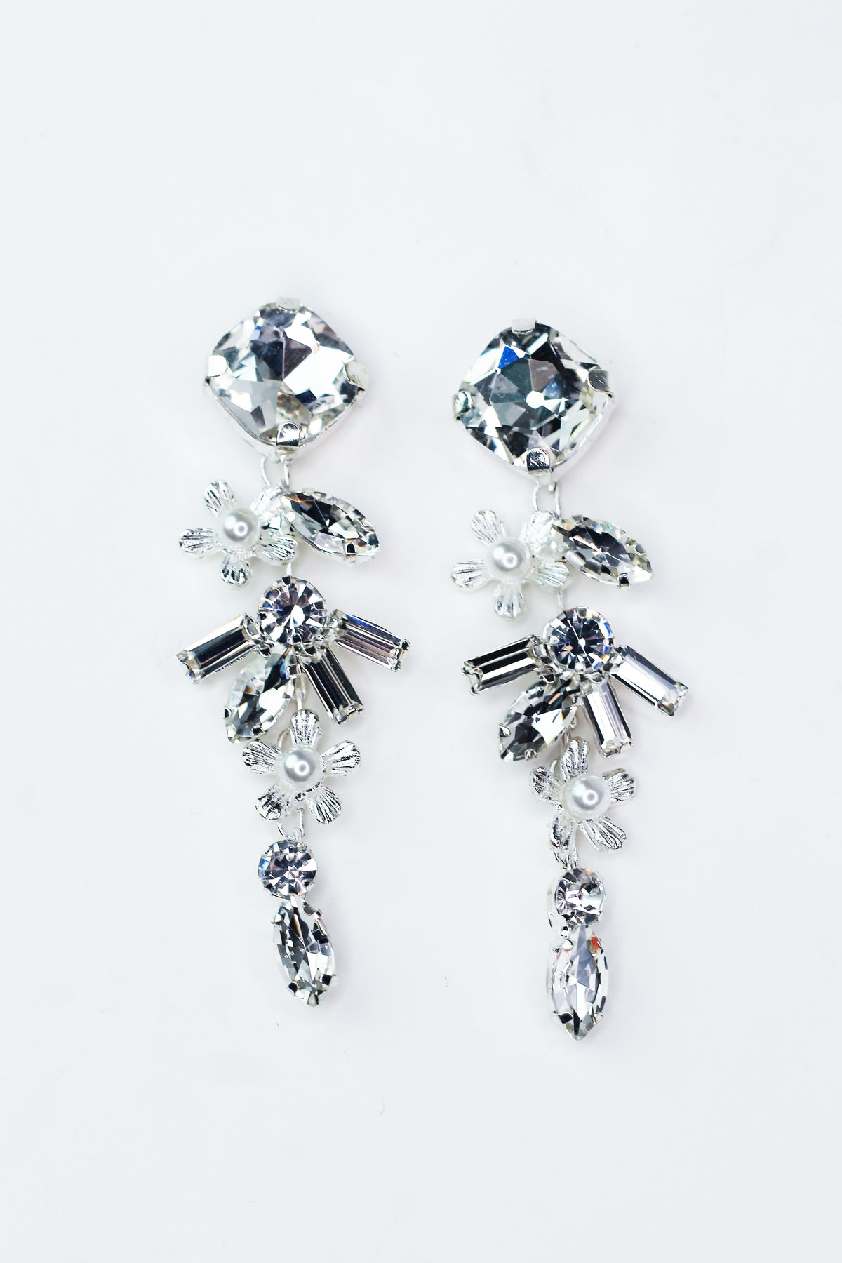 Square Baguette Teardrop &amp; Floral Rhinestone &amp; Pearl Drop Earrings