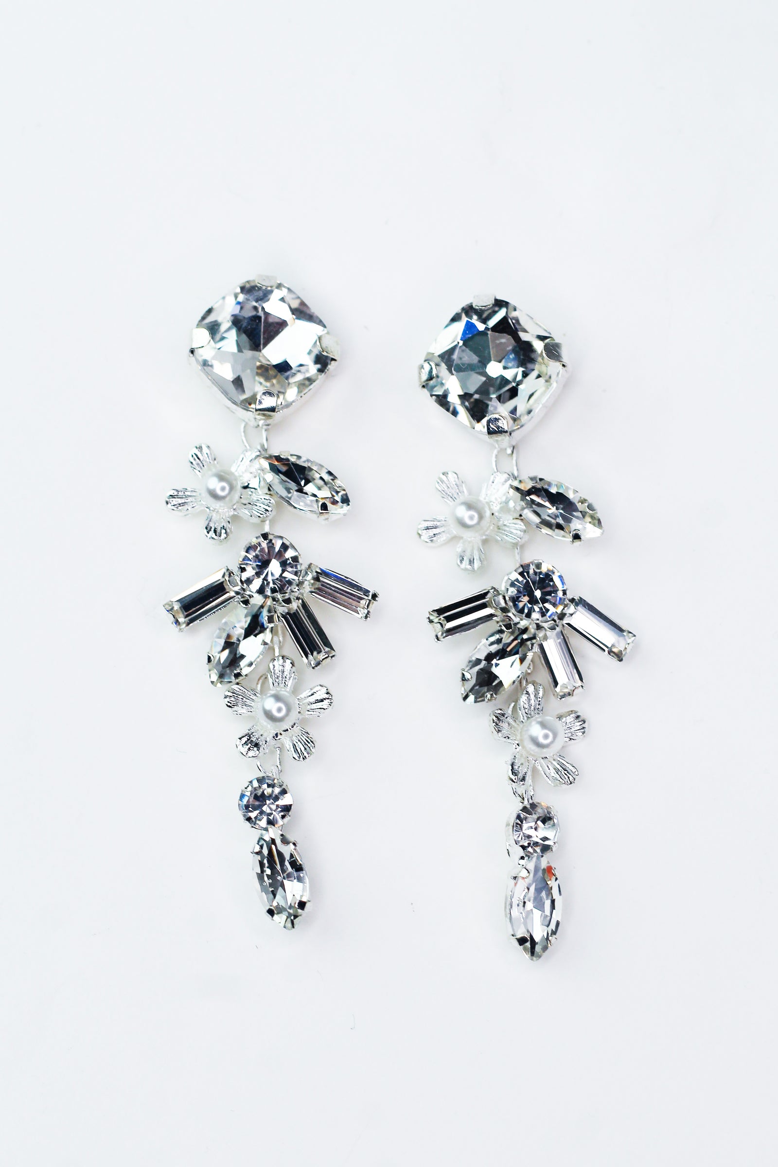 Square Baguette Teardrop & Floral Rhinestone & Pearl Drop Earrings