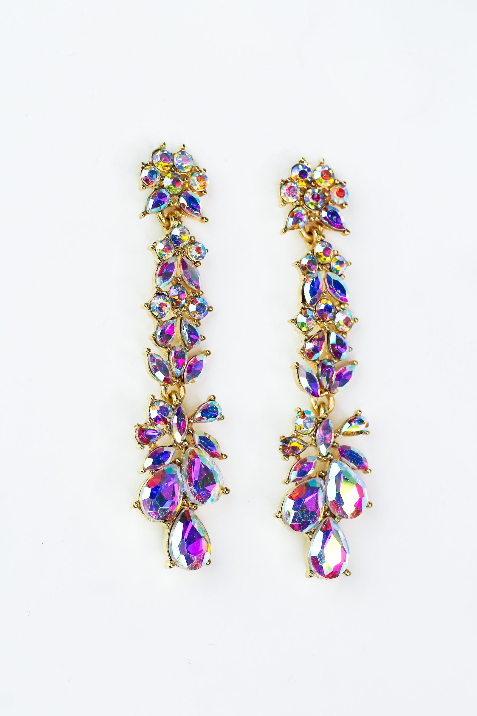 Dangling Rhinestone Floral Clusters & Teardrops Earrings