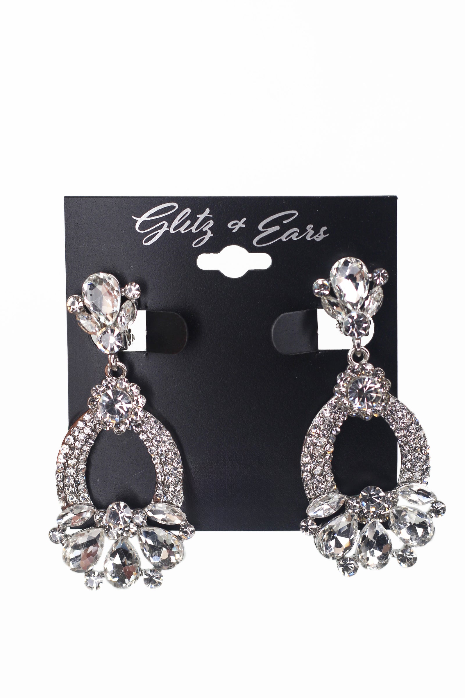 Teardrop & Pave Rhinestone Dangling Clip Earrings