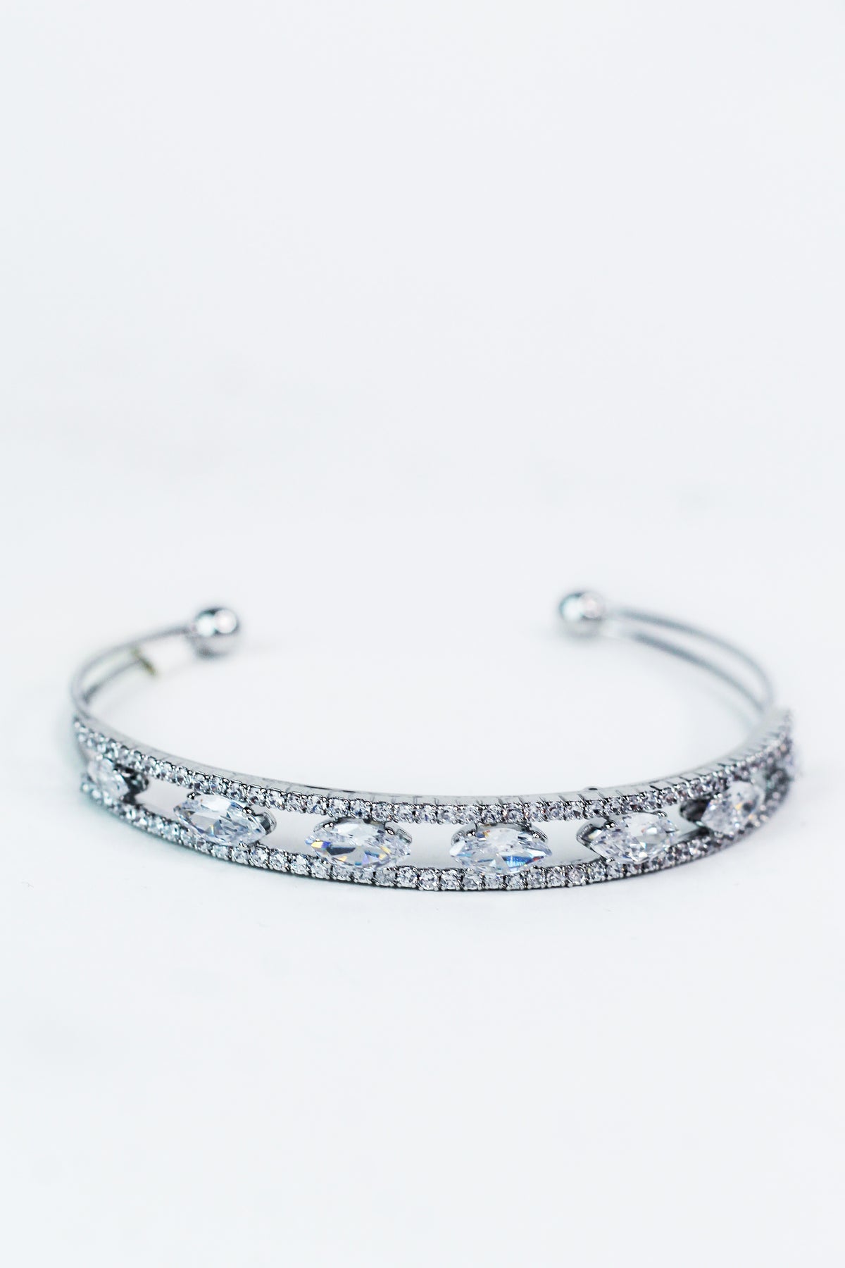 2 Row Pave &amp; Metal Bangle Bracelet w/ Center Marquis Stones