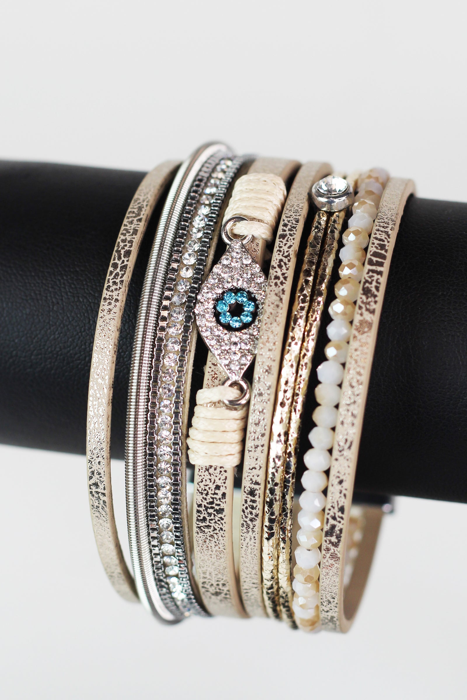 Wide Stones Beads & Strips & Pave Evil Eye Magnetic Bracelet