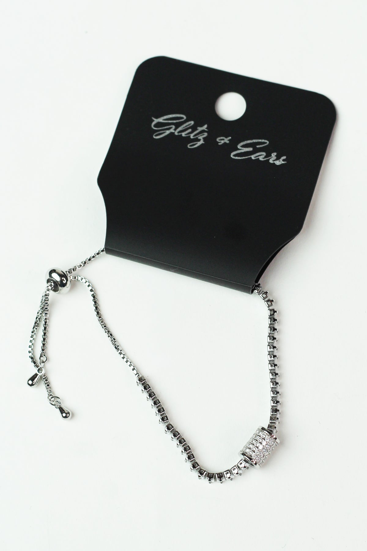 Rhinestone Pull Bracelet w/ Pave Barrel Charm