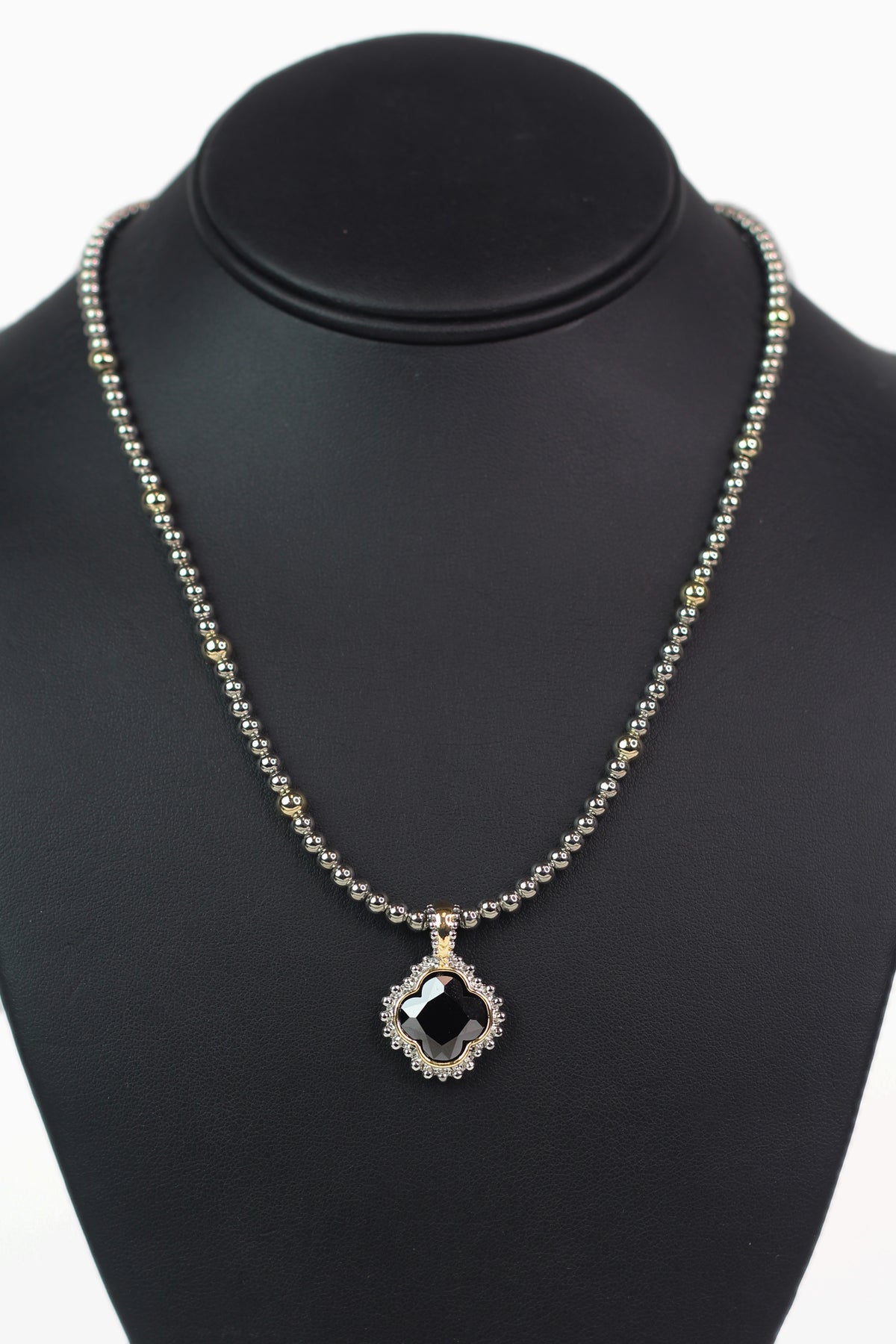 Metal Bead Necklace w/ Bead Trimmed Clover Pendant