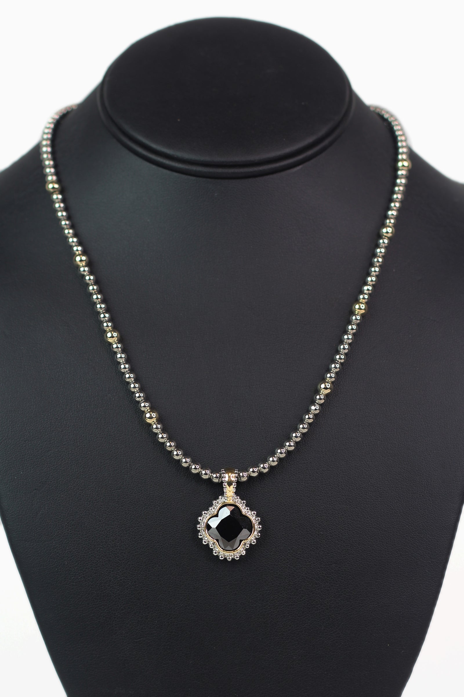 Metal Bead Necklace w/ Bead Trimmed Clover Pendant