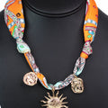 Knotted Scarf Fabric w/ Sun & Cross Charms Necklace