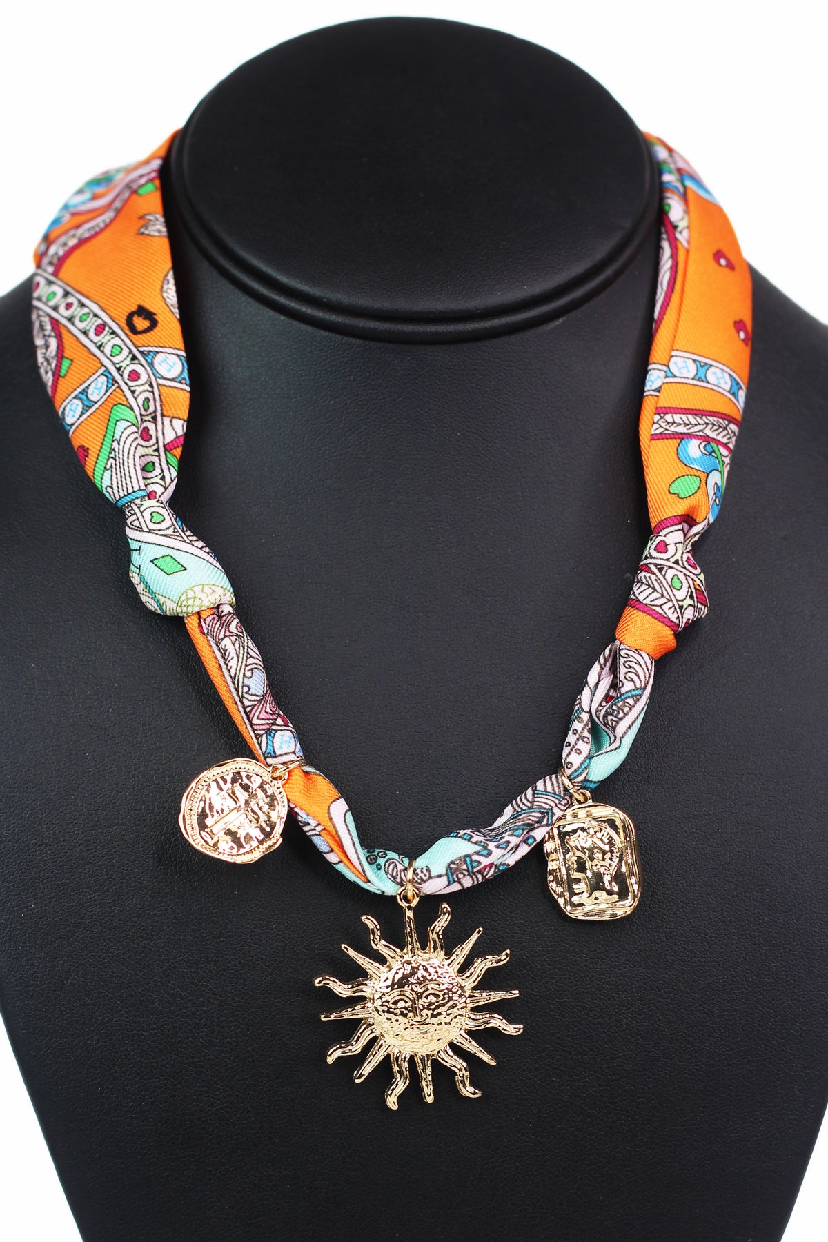 Knotted Scarf Fabric w/ Sun &amp; Cross Charms Necklace