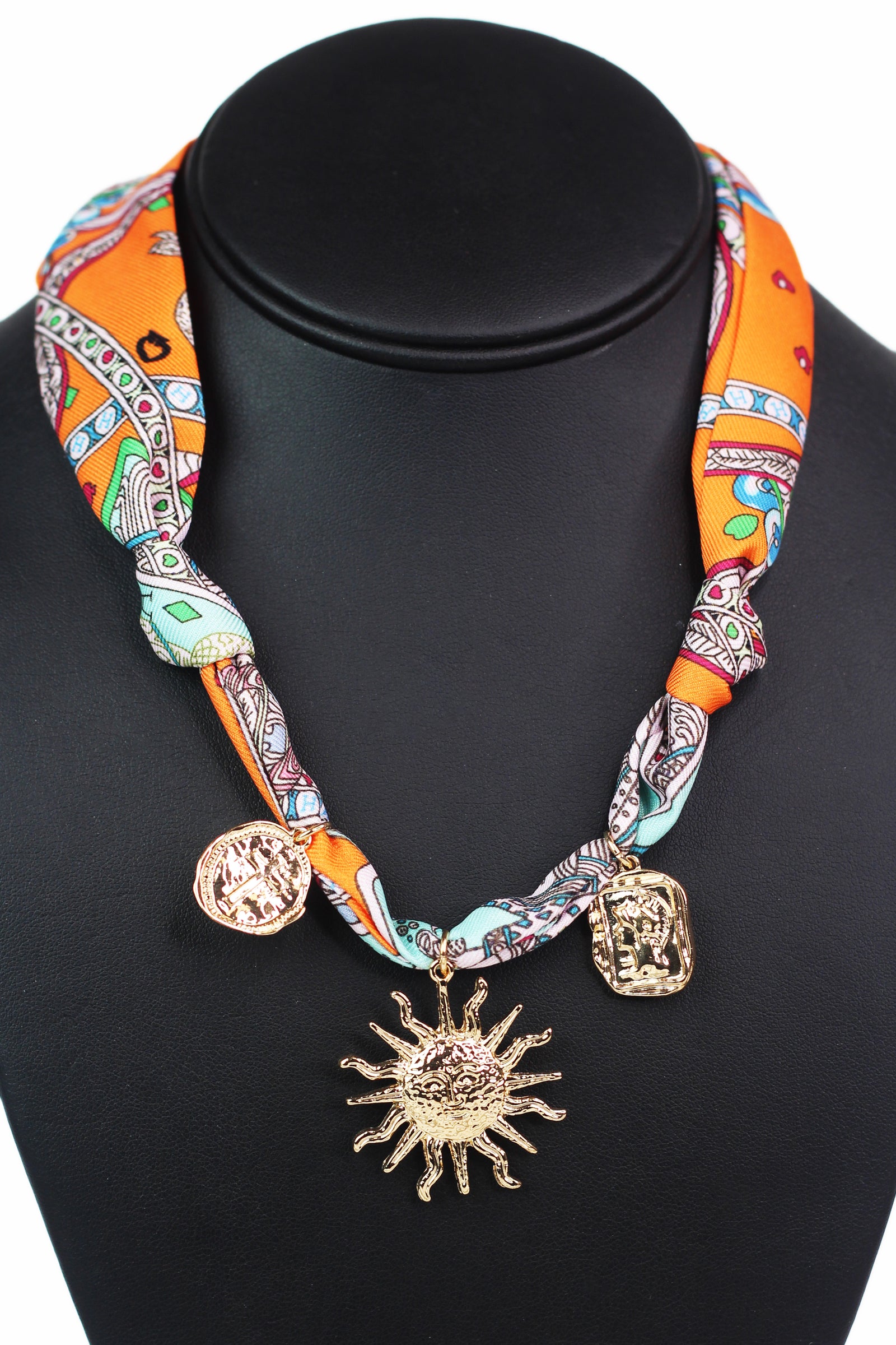 Knotted Scarf Fabric w/ Sun & Cross Charms Necklace