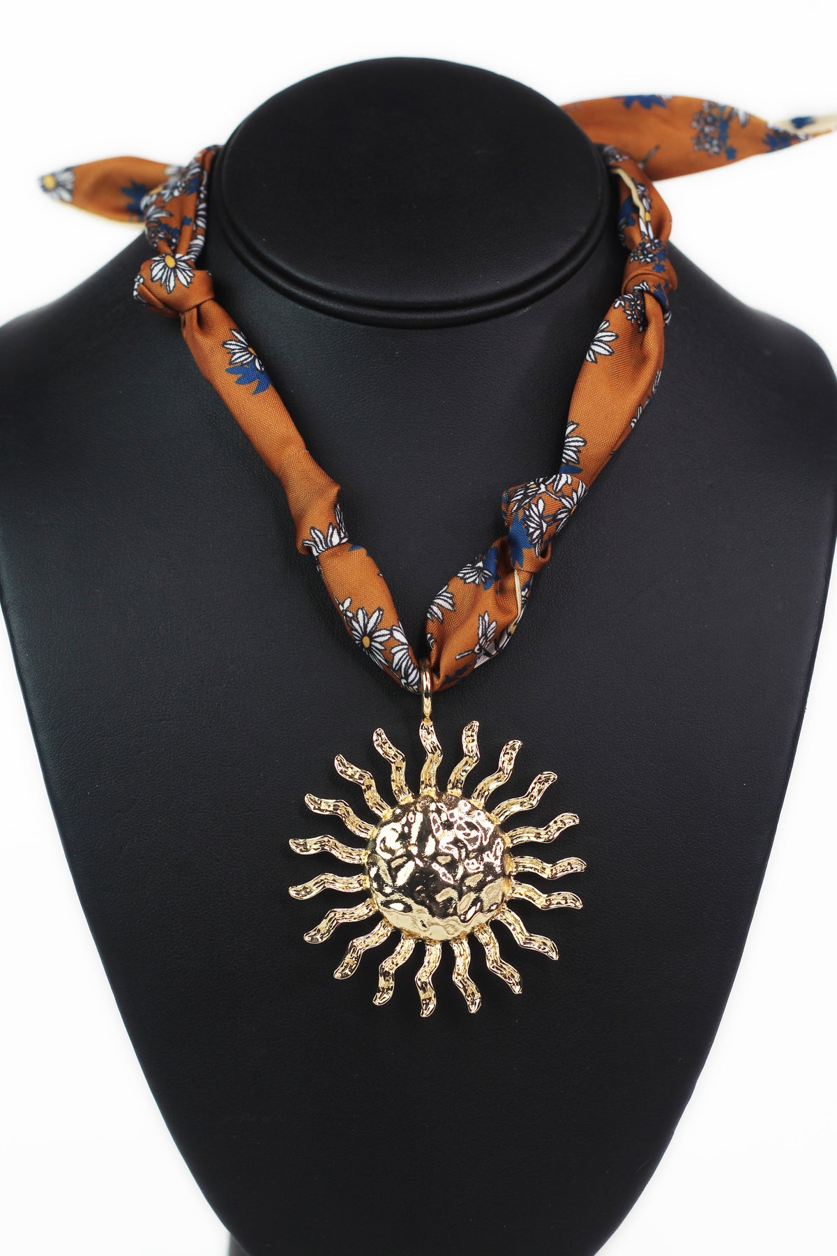 Knotted Scarf Fabric Necklace w/ Large Sun Pendant