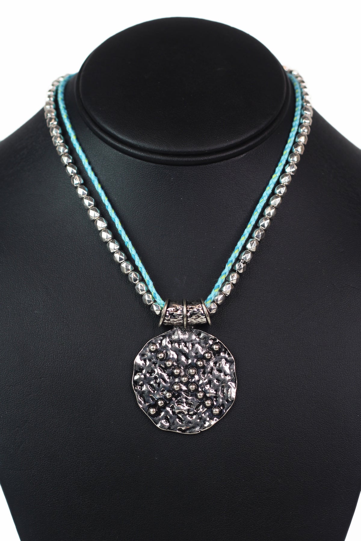 Cord &amp; Metal Bead Necklace w/ Textured Metal Pendant