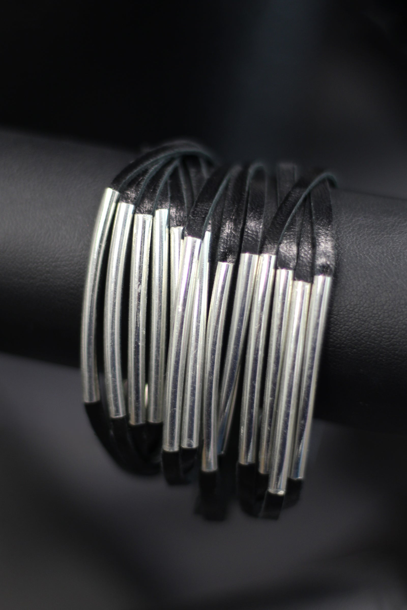 Faux Leather & Silver Metal Strips Snap Cuff Bracelet (SALE)