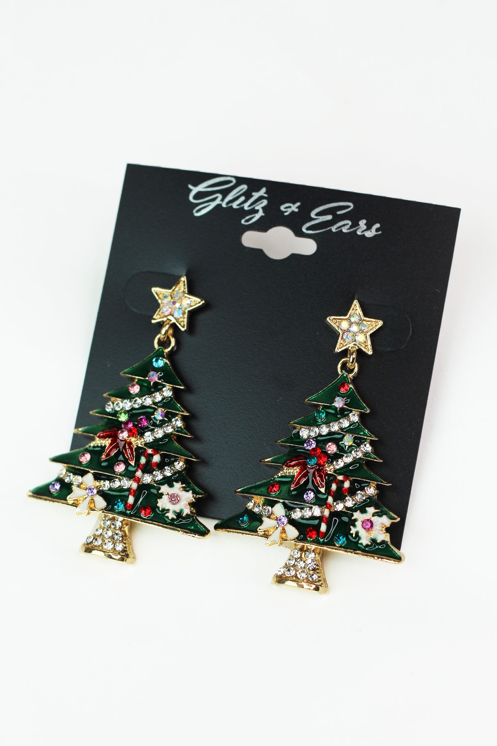 Christmas Tree Earrings w/ Rhinestone Accents