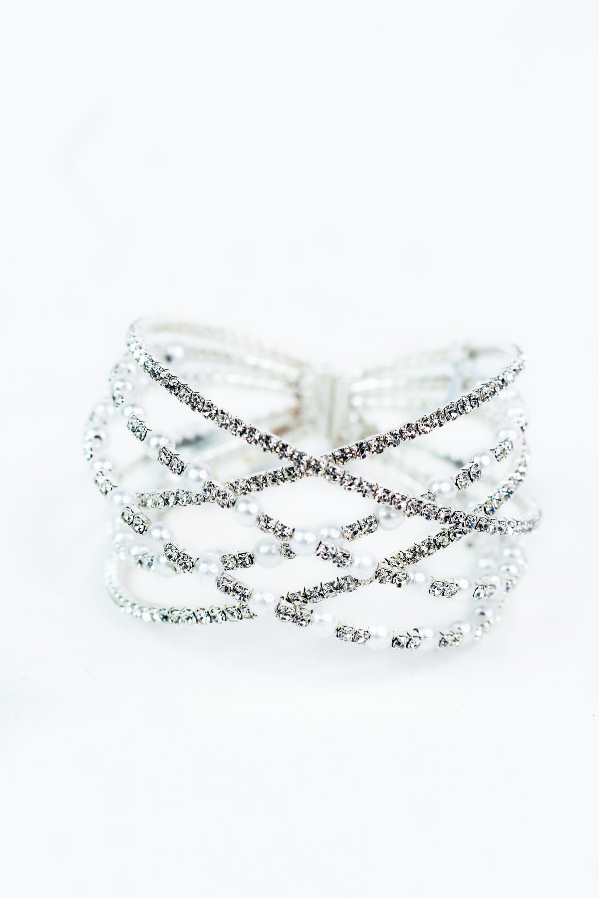 6 Row Spaced Pearl &amp; Rhinestone Criss Cross Cuff Bracelet