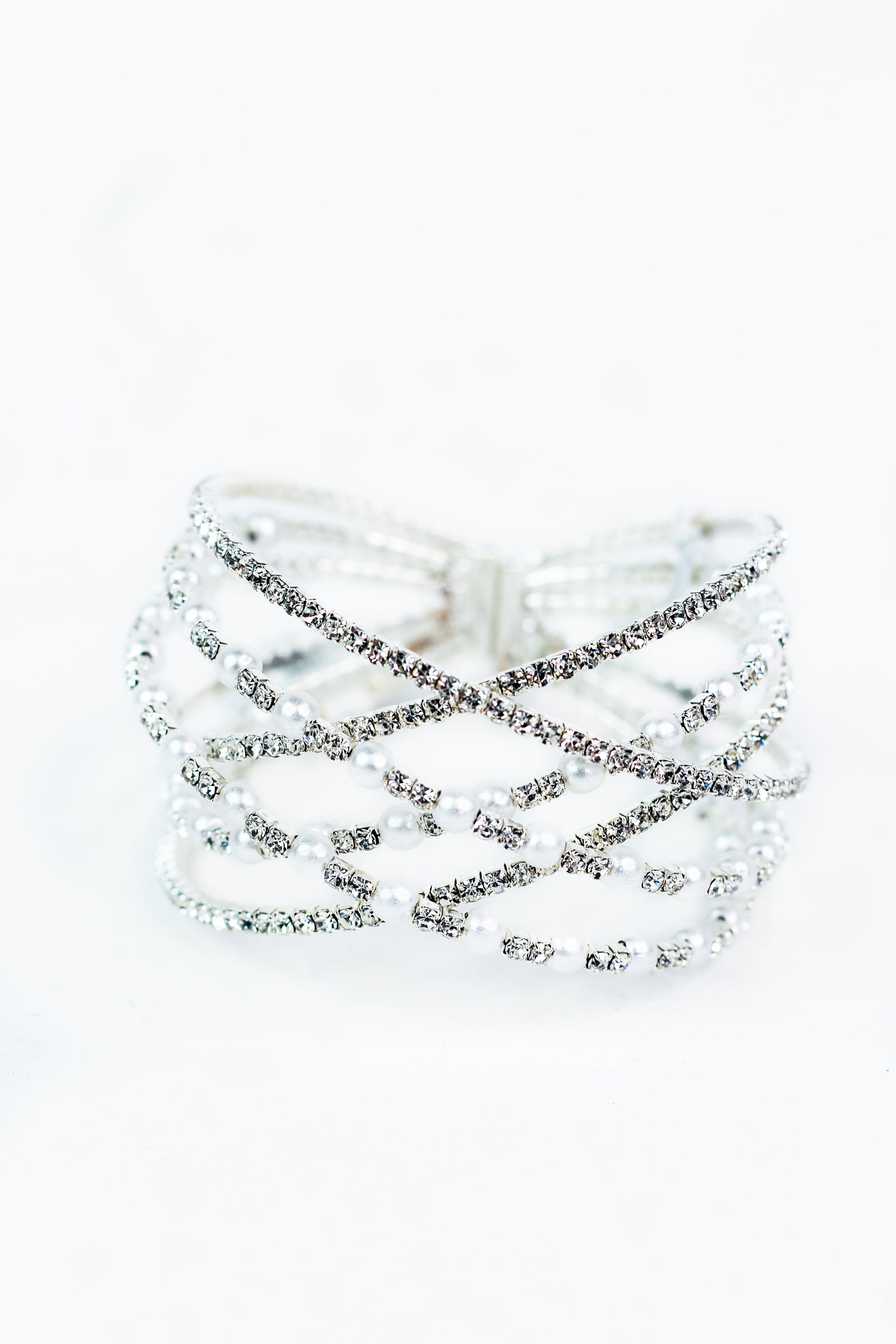6 Row Spaced Pearl & Rhinestone Criss Cross Cuff Bracelet