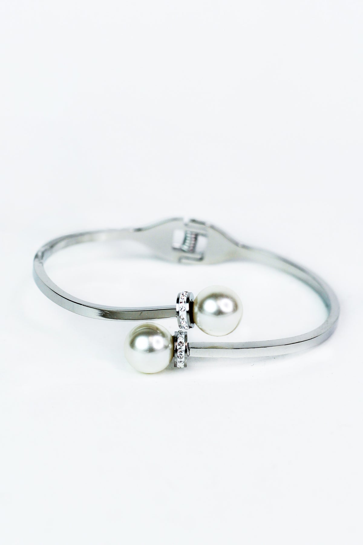 Metal Bangle w/ Pearl &amp; Pave Ends