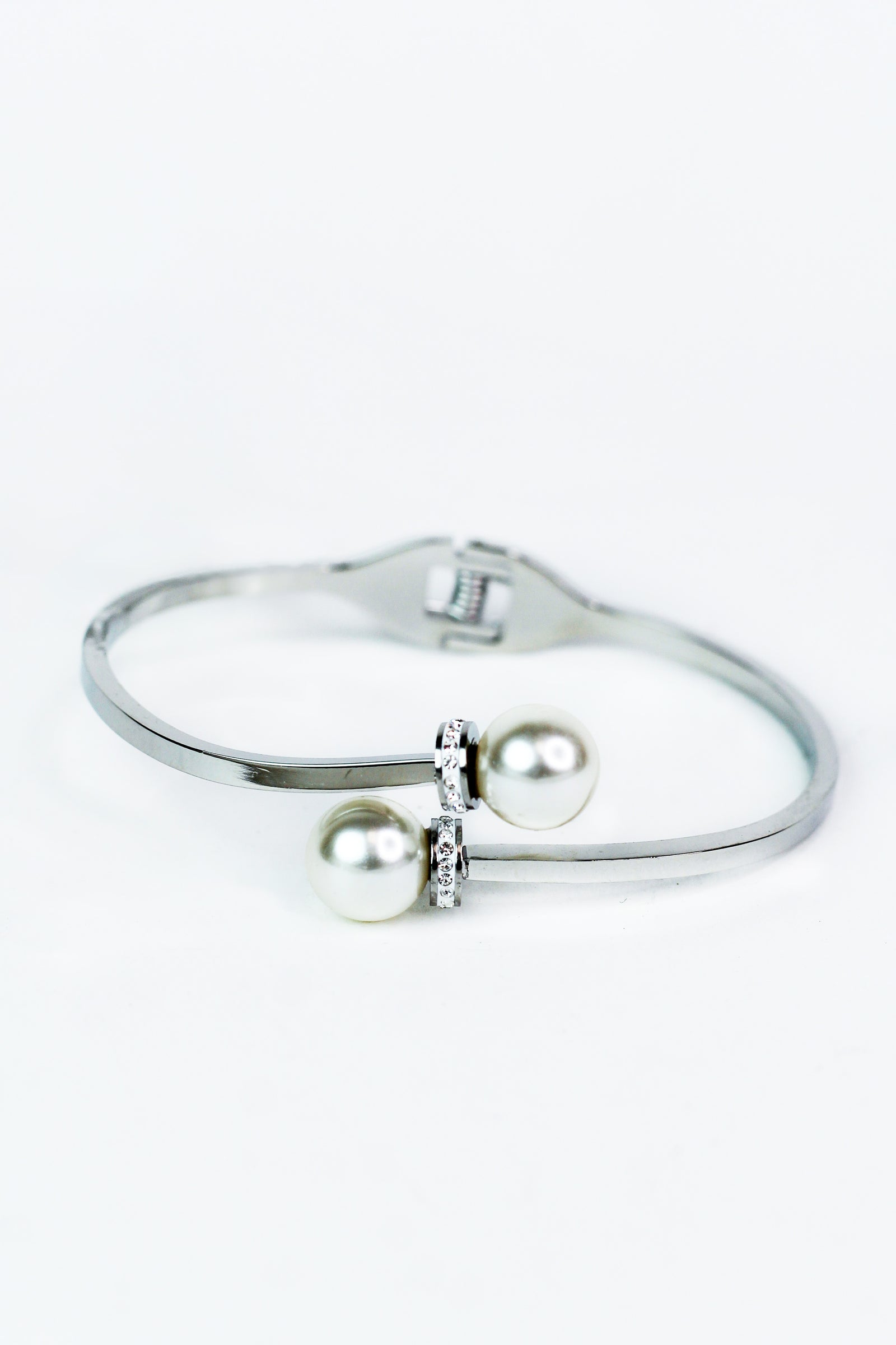 Metal Bangle w/ Pearl & Pave Ends