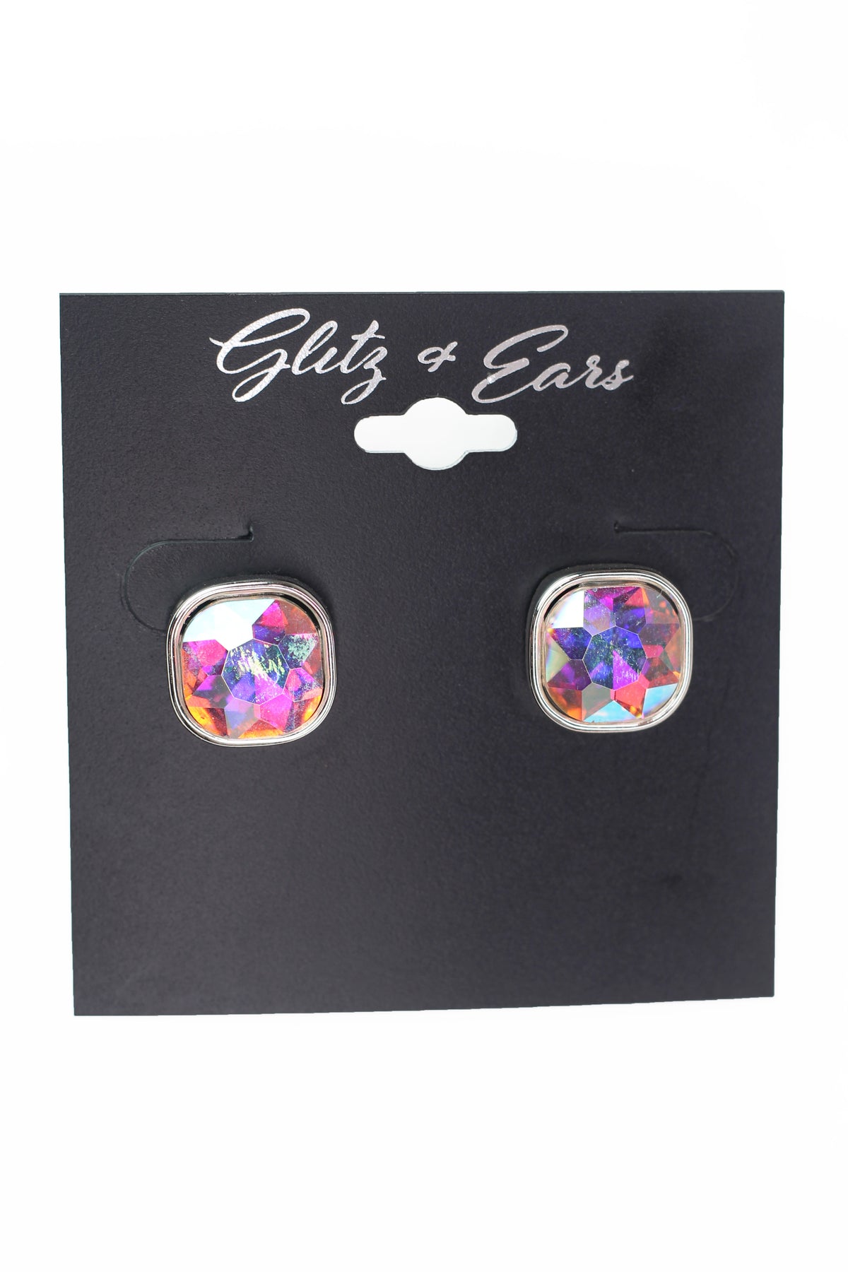 Metal Trimmed Square Rhinestone Stud Earrings