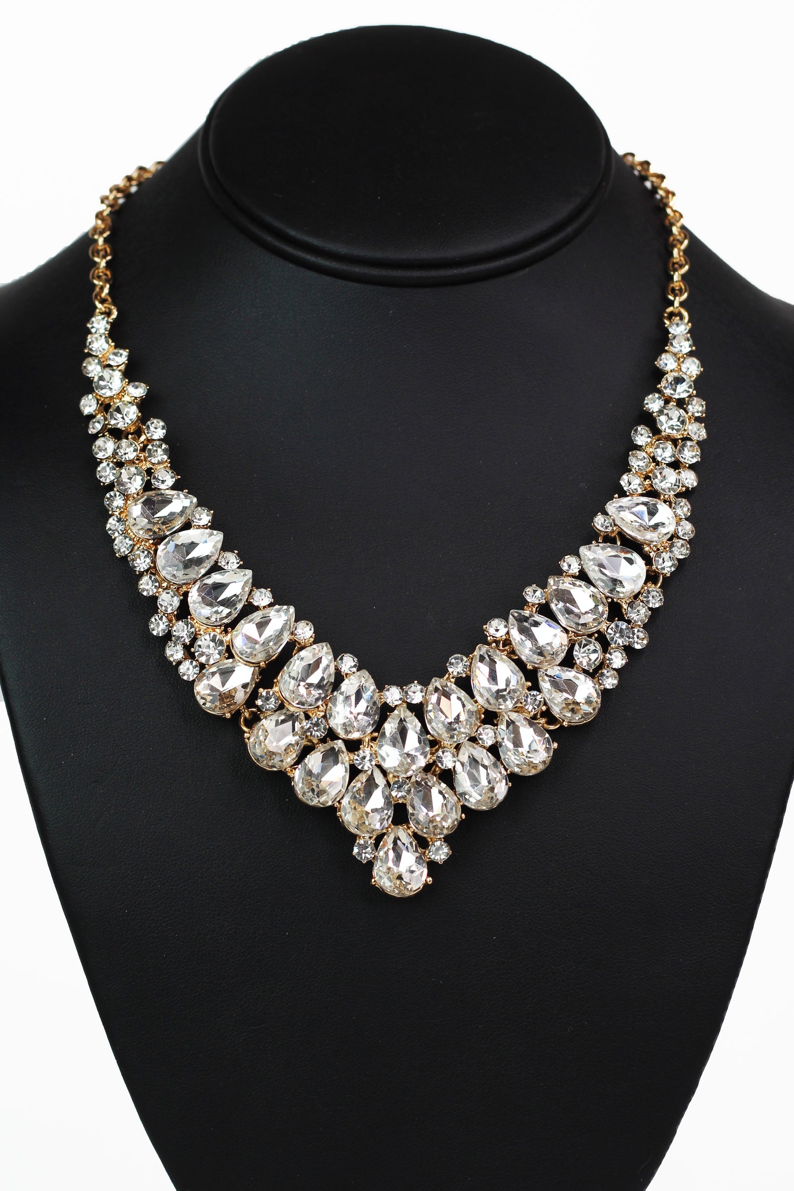 Two Row Rhinestone Teardrop Statement Necklace