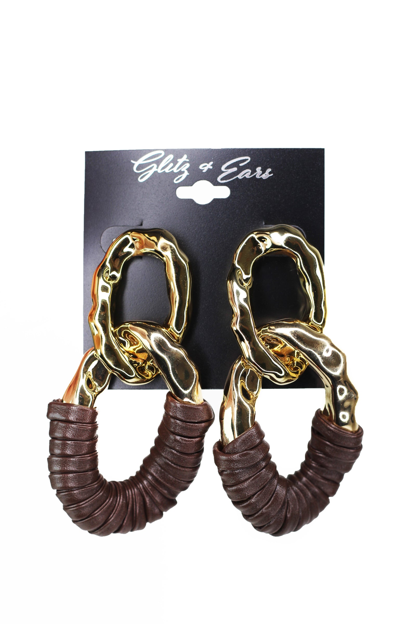 Large Textured Chain Earrings w/ Faux Leather Wrap