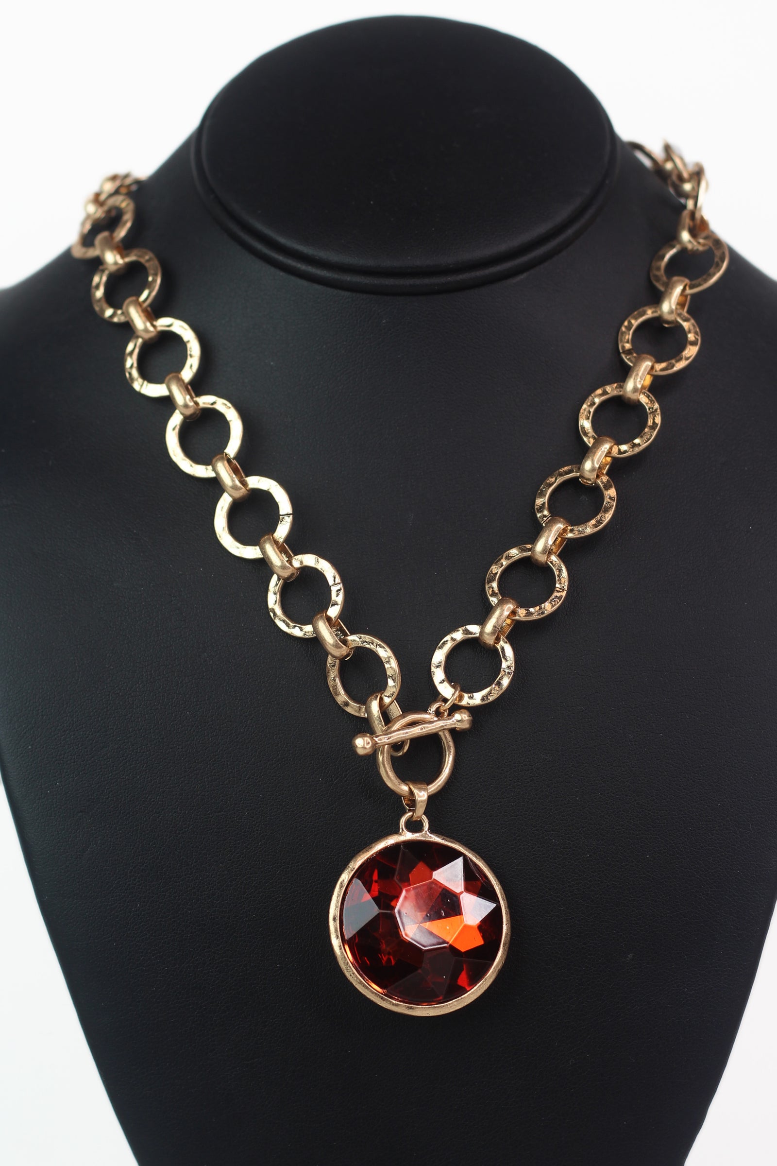 Hammered Chain Toggle Necklace w/ Chunky Round Gemstone Pendant