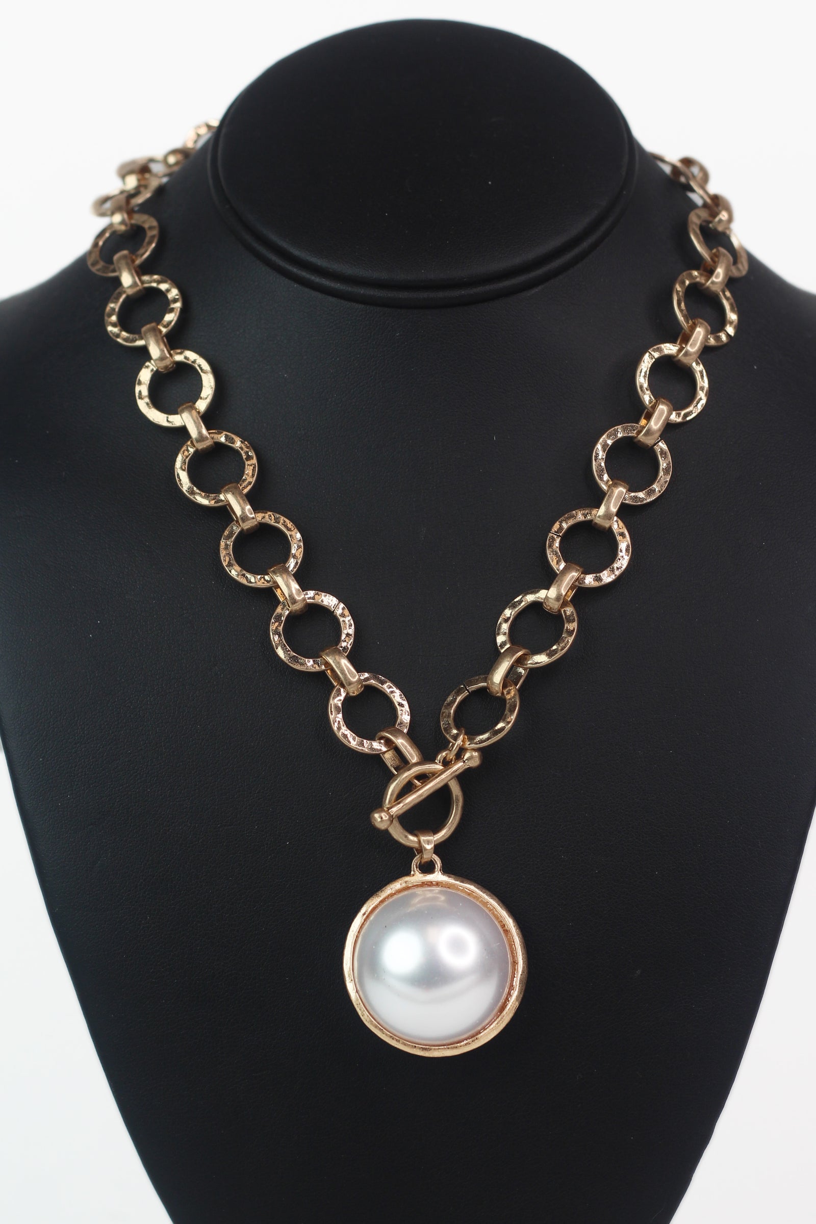 Hammered Chain Toggle Necklace w/ Chunky Round Gemstone Pendant