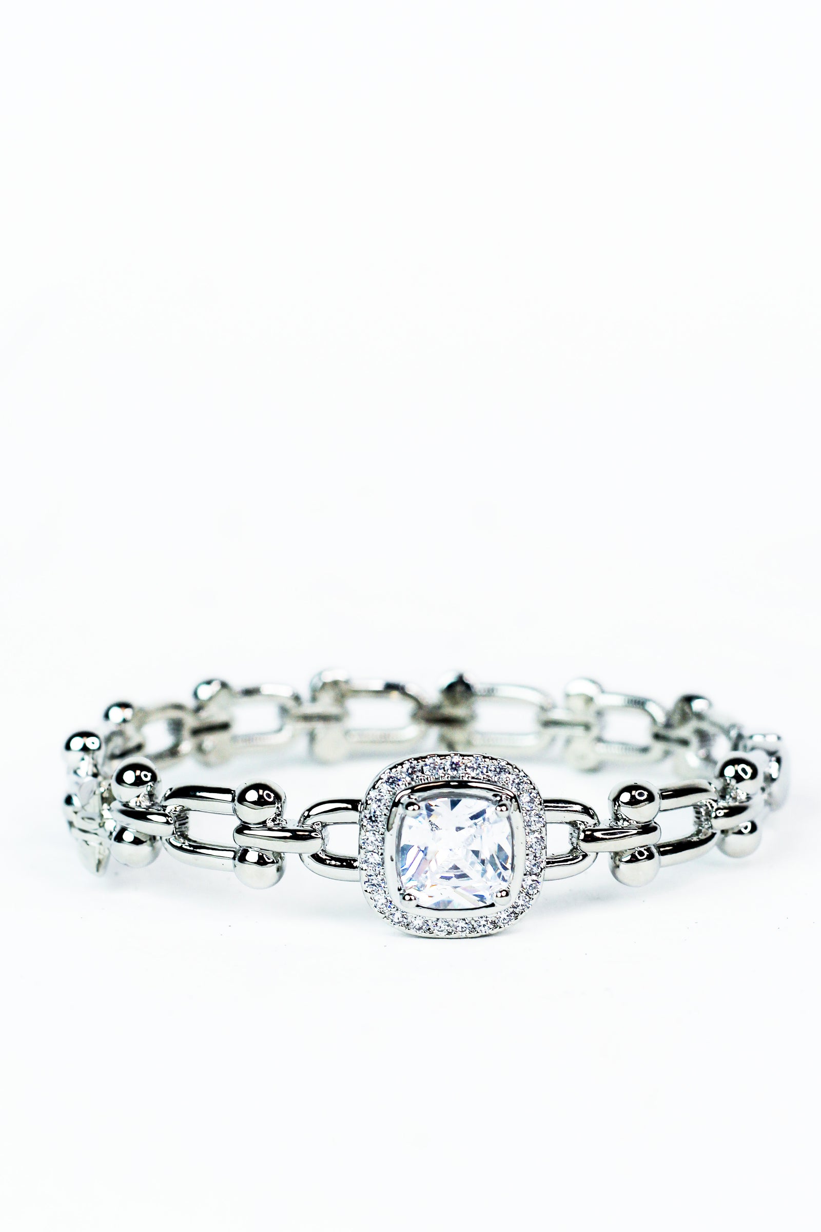 Ball Link Cuff Bracelet w/ Square Pave Trimmed Center Stone