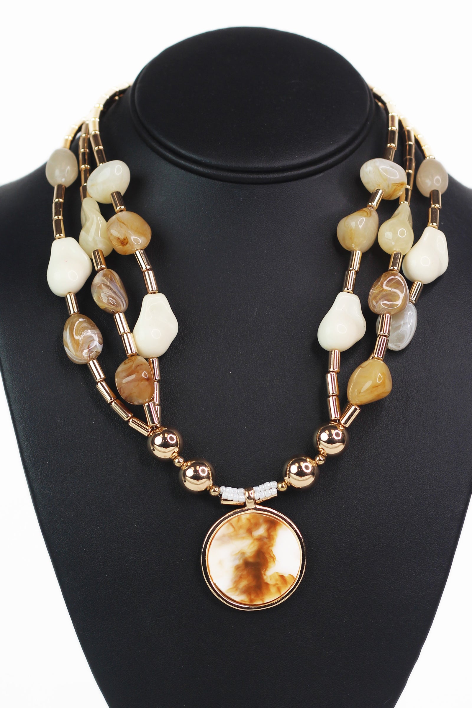 3 Strand Acrylic Bead Necklace w/ Round Pendant