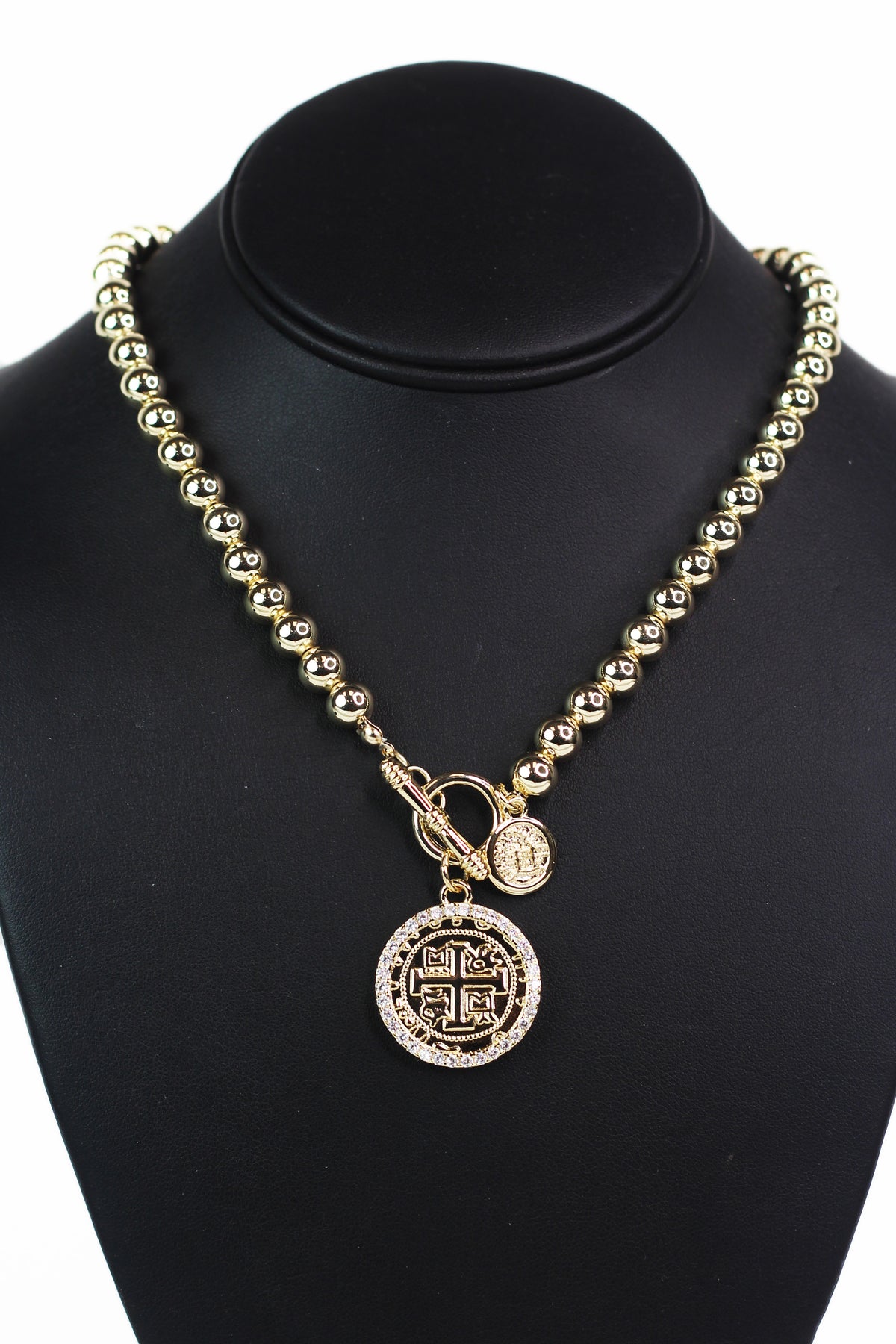 Round Bead Toggle Necklace w/ Coins &amp; Pave Trim