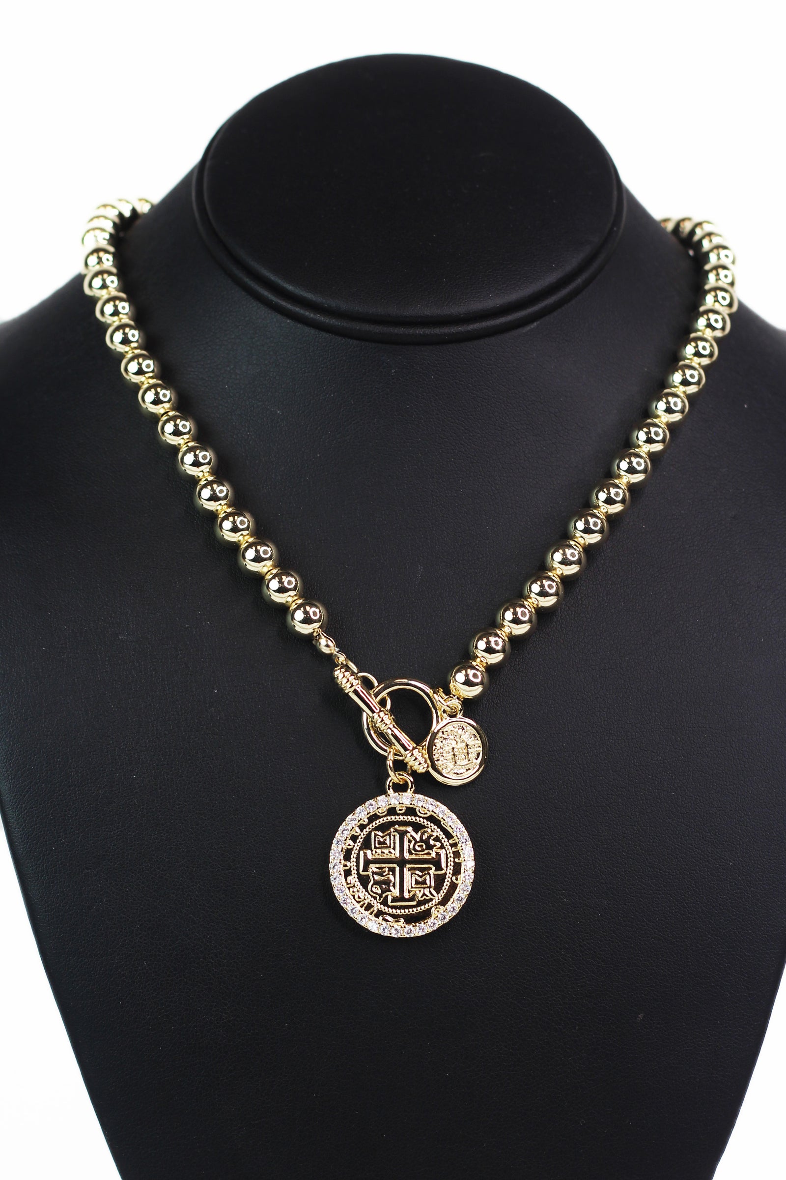 Round Bead Toggle Necklace w/ Coins & Pave Trim