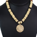 Round Wooden Bead Necklace w/ Metal Coin Pendant