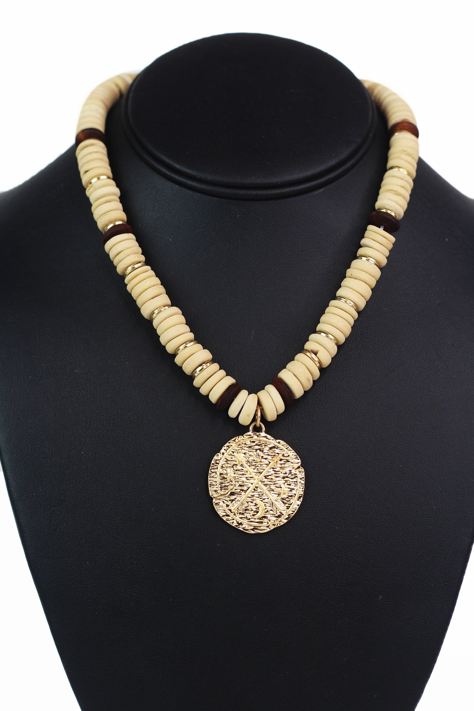 Round Wooden Bead Necklace w/ Metal Coin Pendant