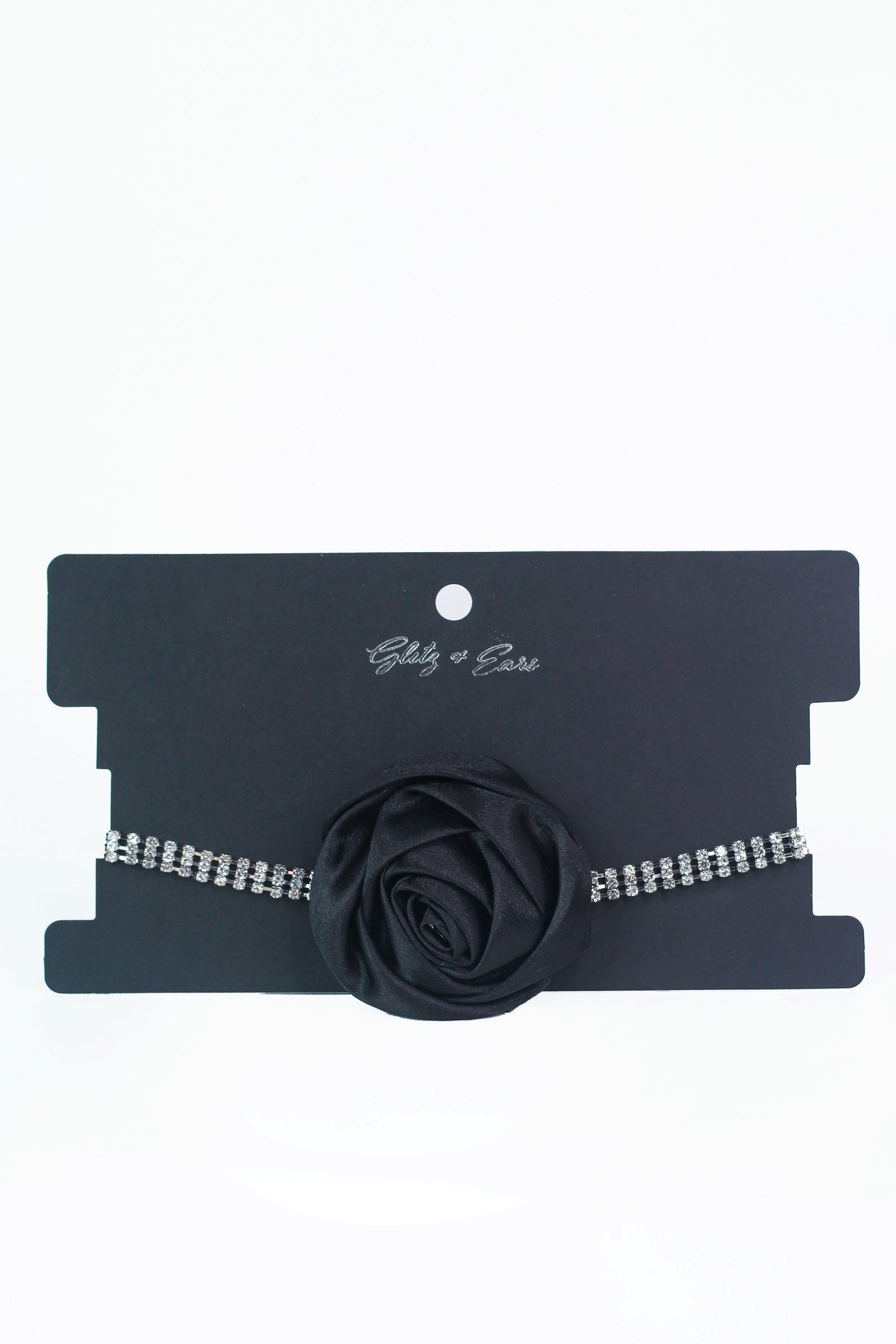 3 Row Rhinestone Choker w/ Satin Rose Center