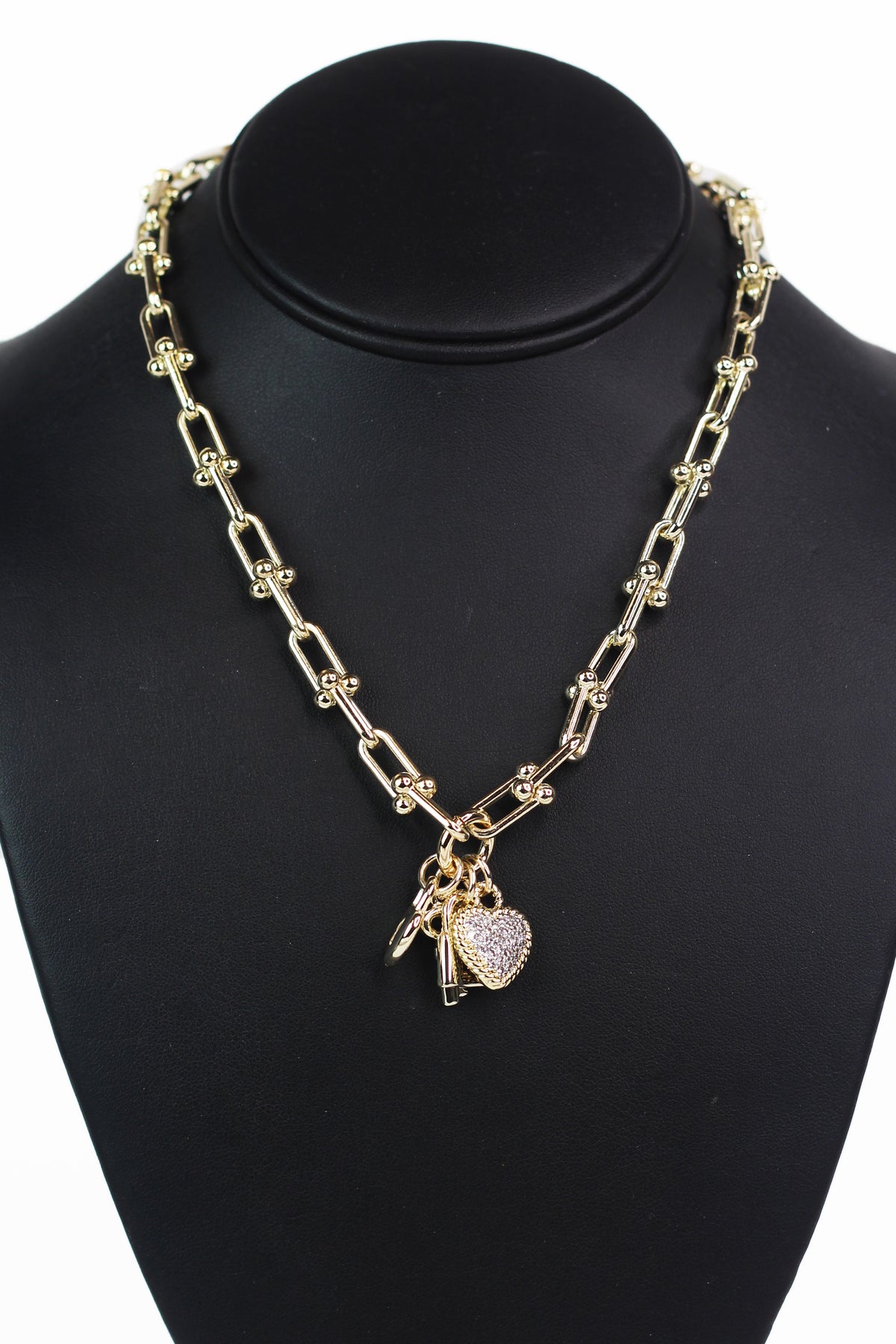 U-Link Necklace w/ Heart Lock &amp; Key Charms &amp; Pave Accents