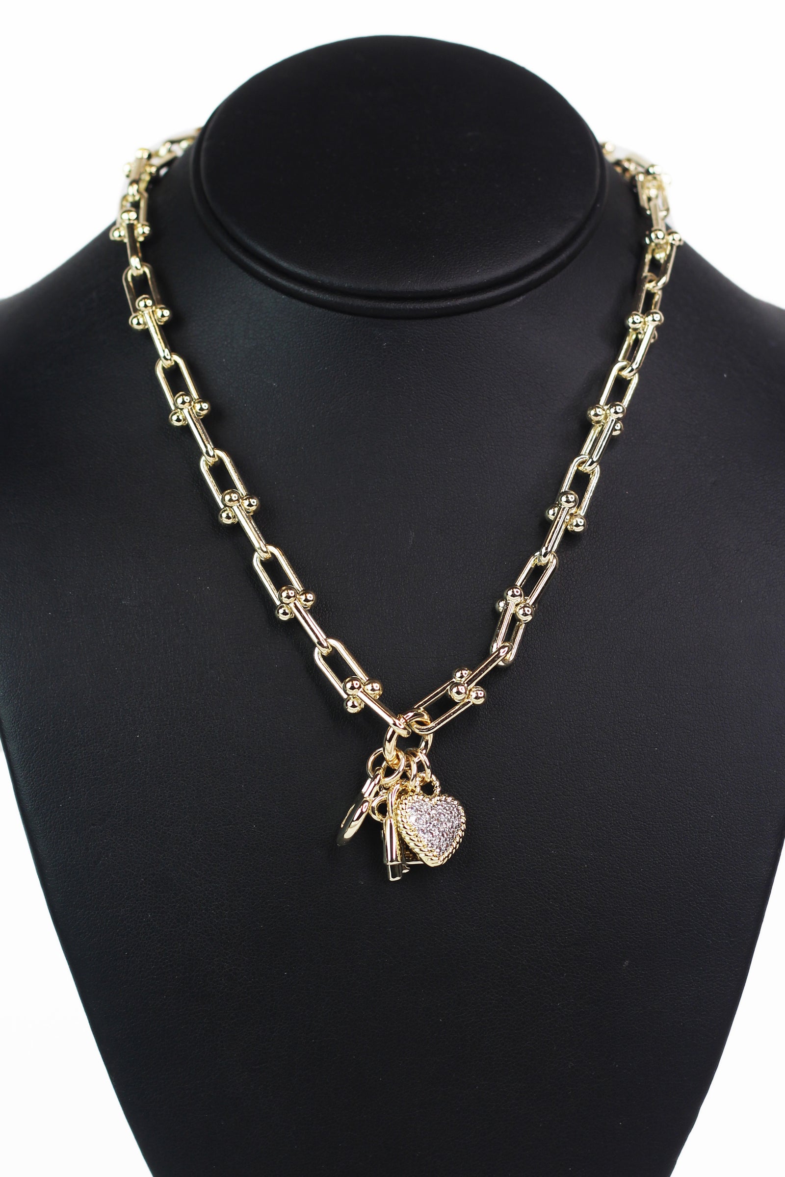 U-Link Necklace w/ Heart Lock & Key Charms & Pave Accents