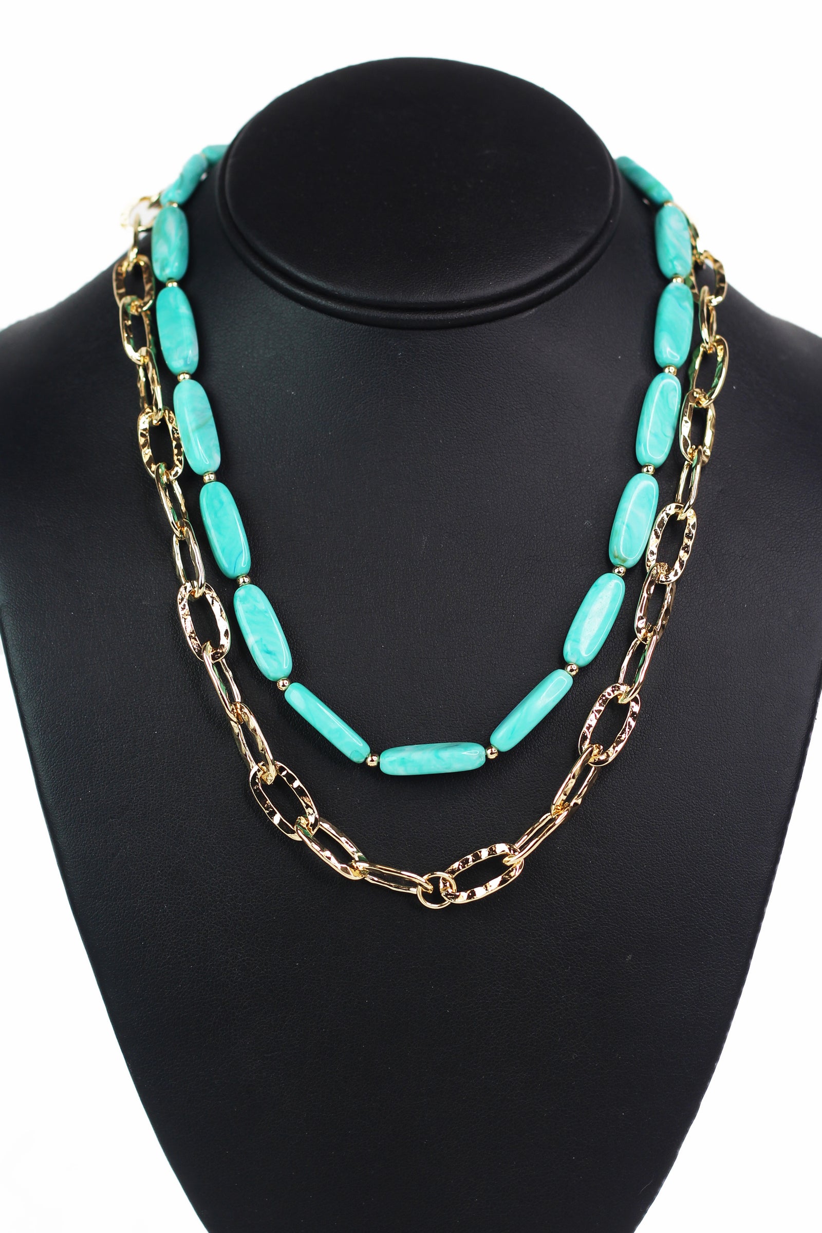 2 Strand Metal Link Chain & Oval Beads Necklace