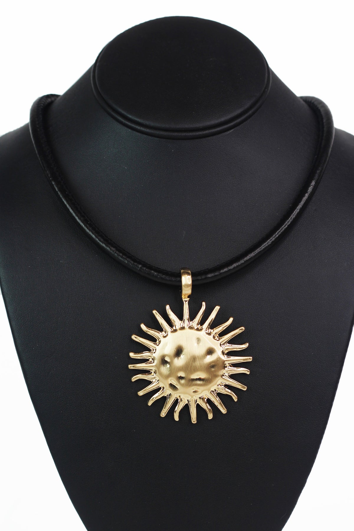 Faux Leather Cord Necklace w/ Hammered Sun Pendant