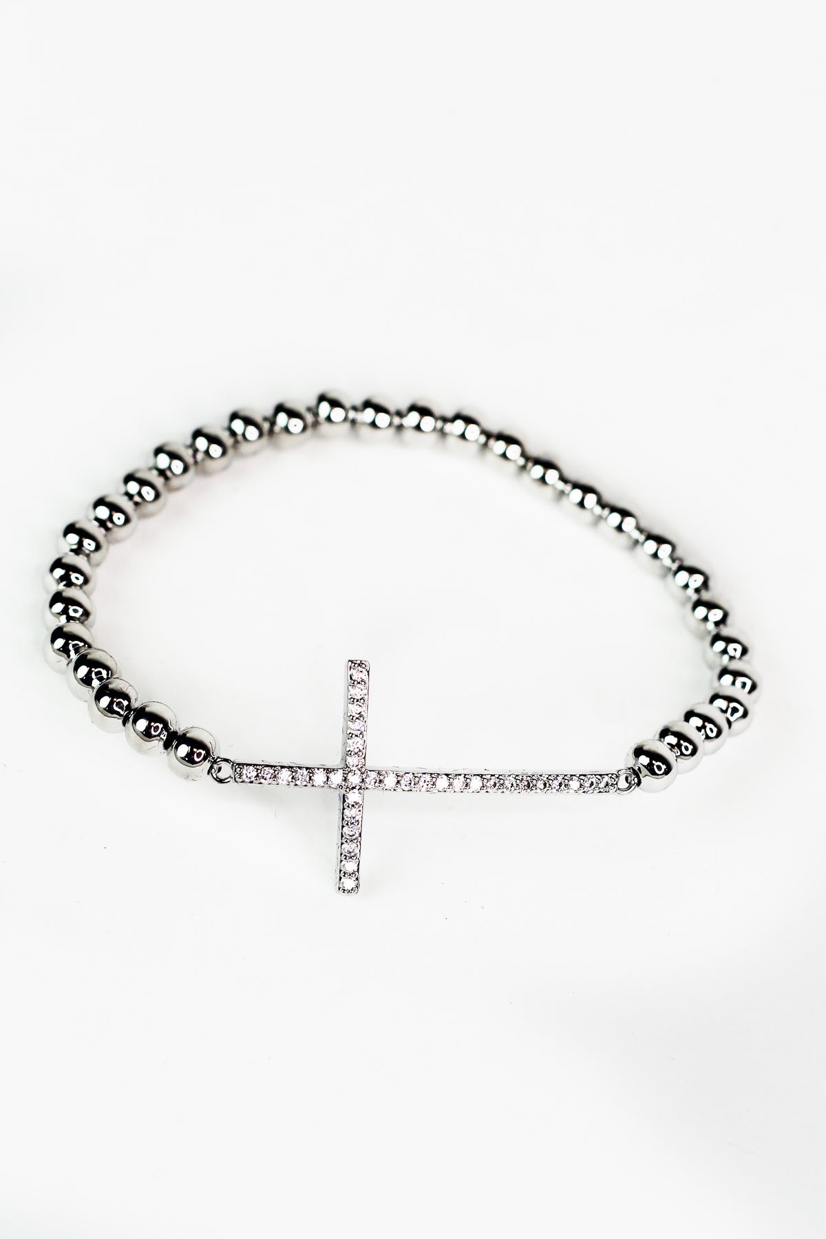 Round Bead &amp; Sideways Pave Cross Stretch Bracelet