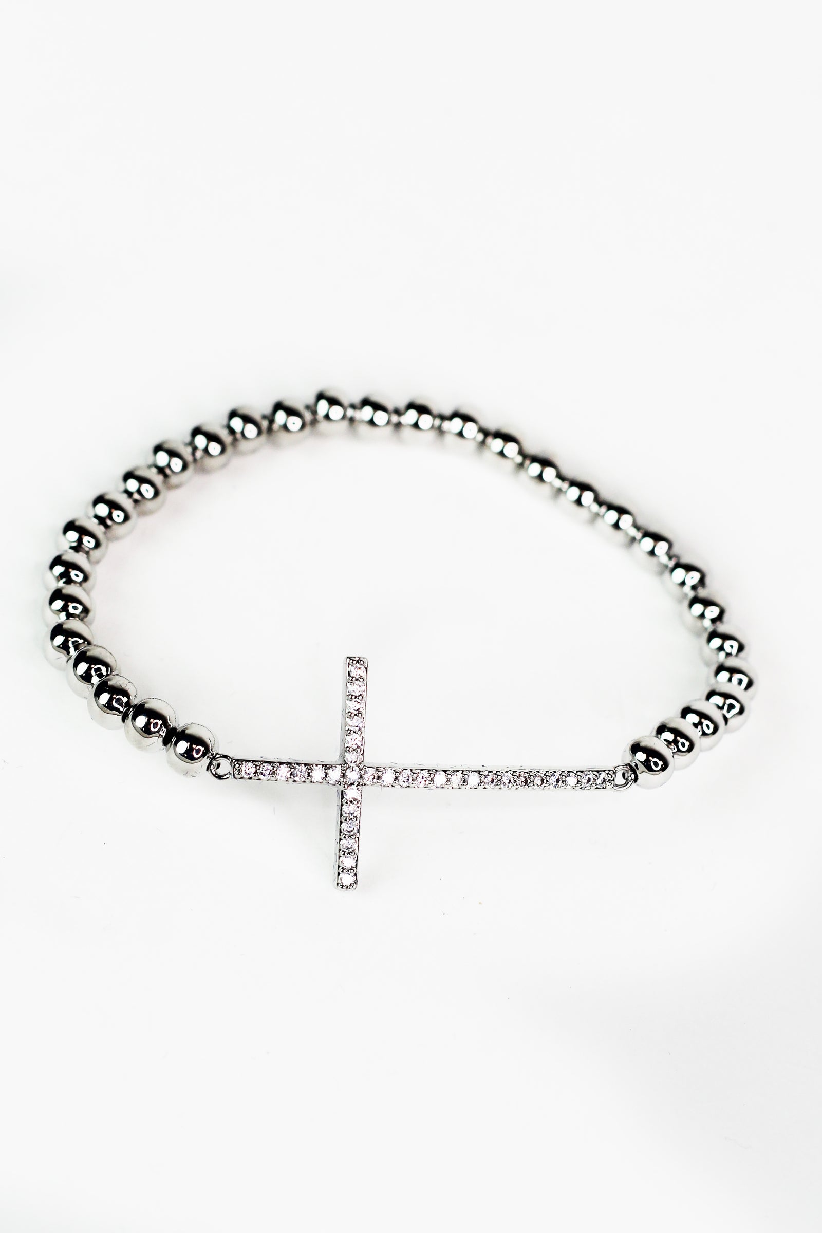 Round Bead & Sideways Pave Cross Stretch Bracelet