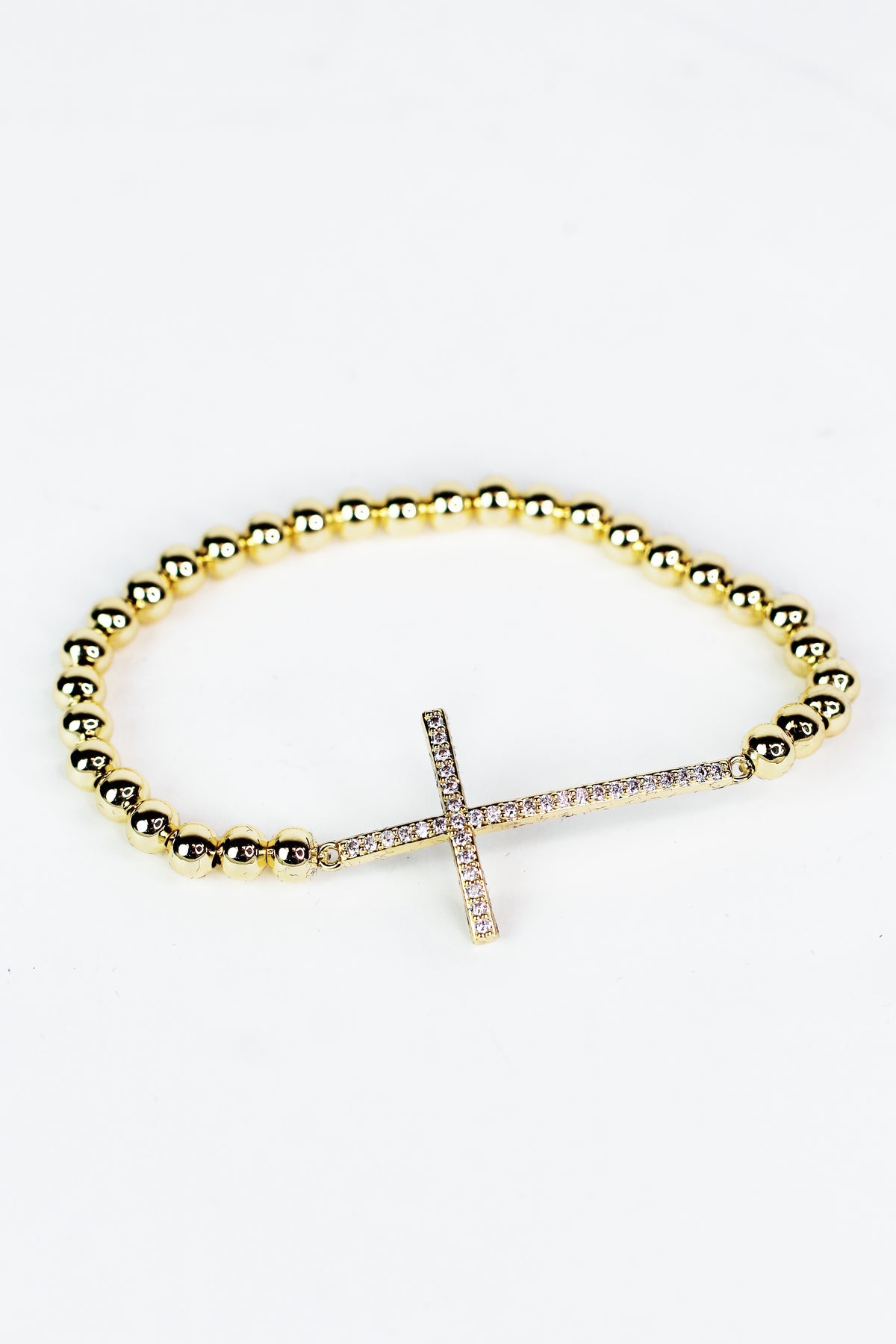 Round Bead & Sideways Pave Cross Stretch Bracelet